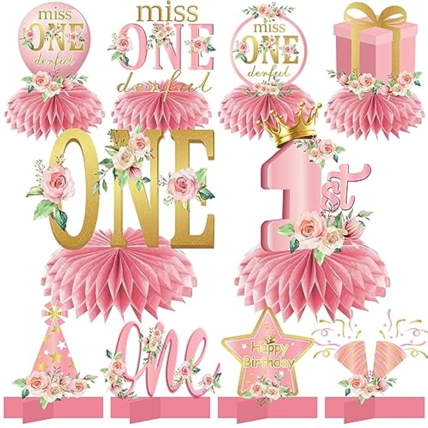 10pcs Miss Onederful Honeycomb Centerpieces for Baby Girl's 1st Birthday Decor