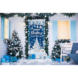 Lighted Christmas Door Cover For Front - Merry Xmas Banner Blue Silver Tree Themed Decorations With Lights, Christmas And Happy New Year Backdrop For Holiday Party Supplies