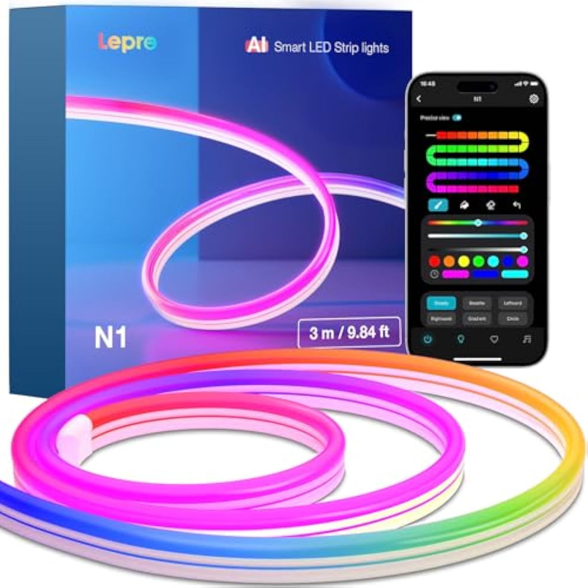 N1 Ai Smart Rgb Rope Lights For Christmas, Personalized Ai Lighting Designer, Lightbeats Music Sync, Color Segment Diy, Voice Control Via App, 9.84Ft Wi-Fi & Bluetooth Led Strip Lights