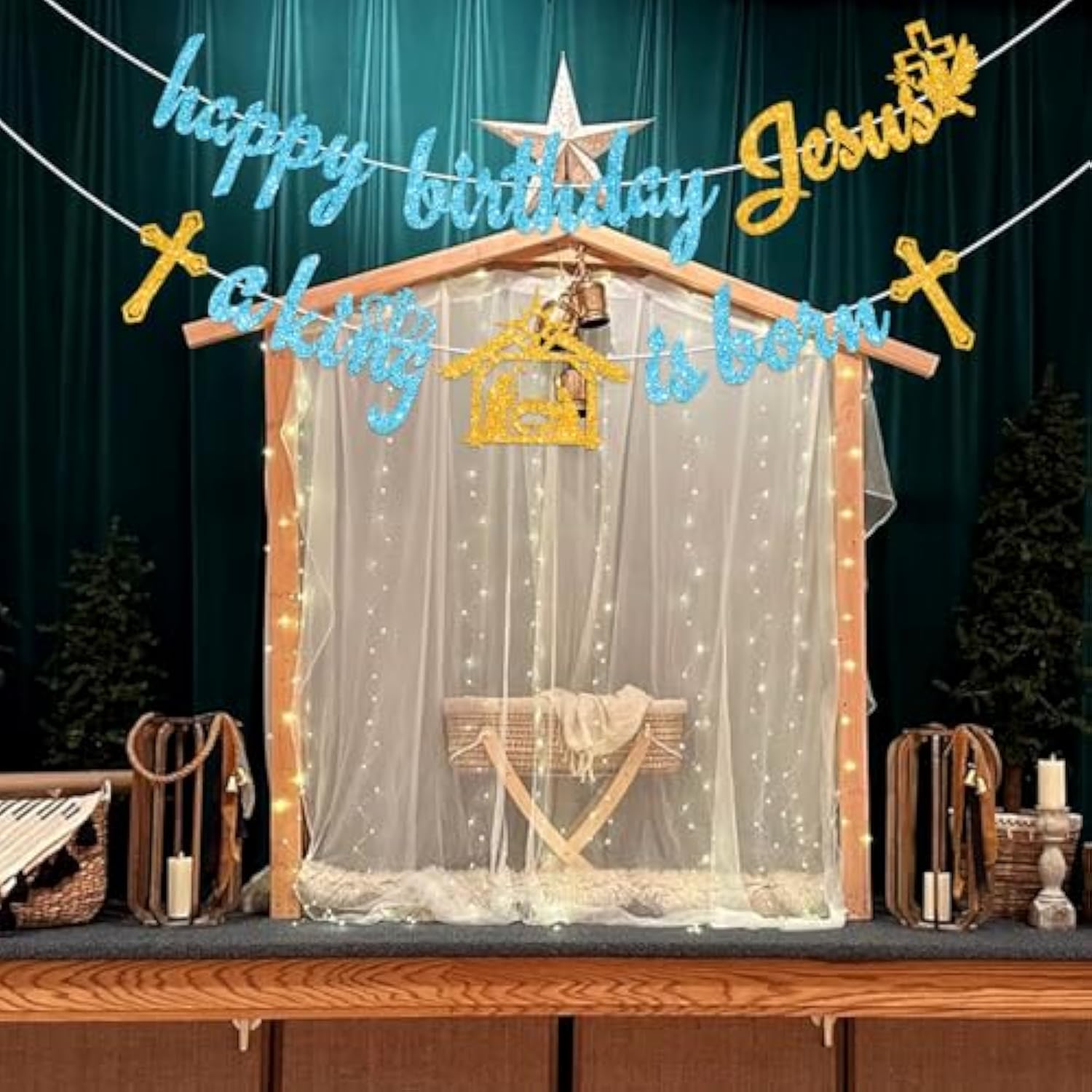Glitter Happy Birthday Jesus Banner A King Is Born Bunting Banner,Holy Nativity Christian Christmas Jesus Birthday Party Decorations