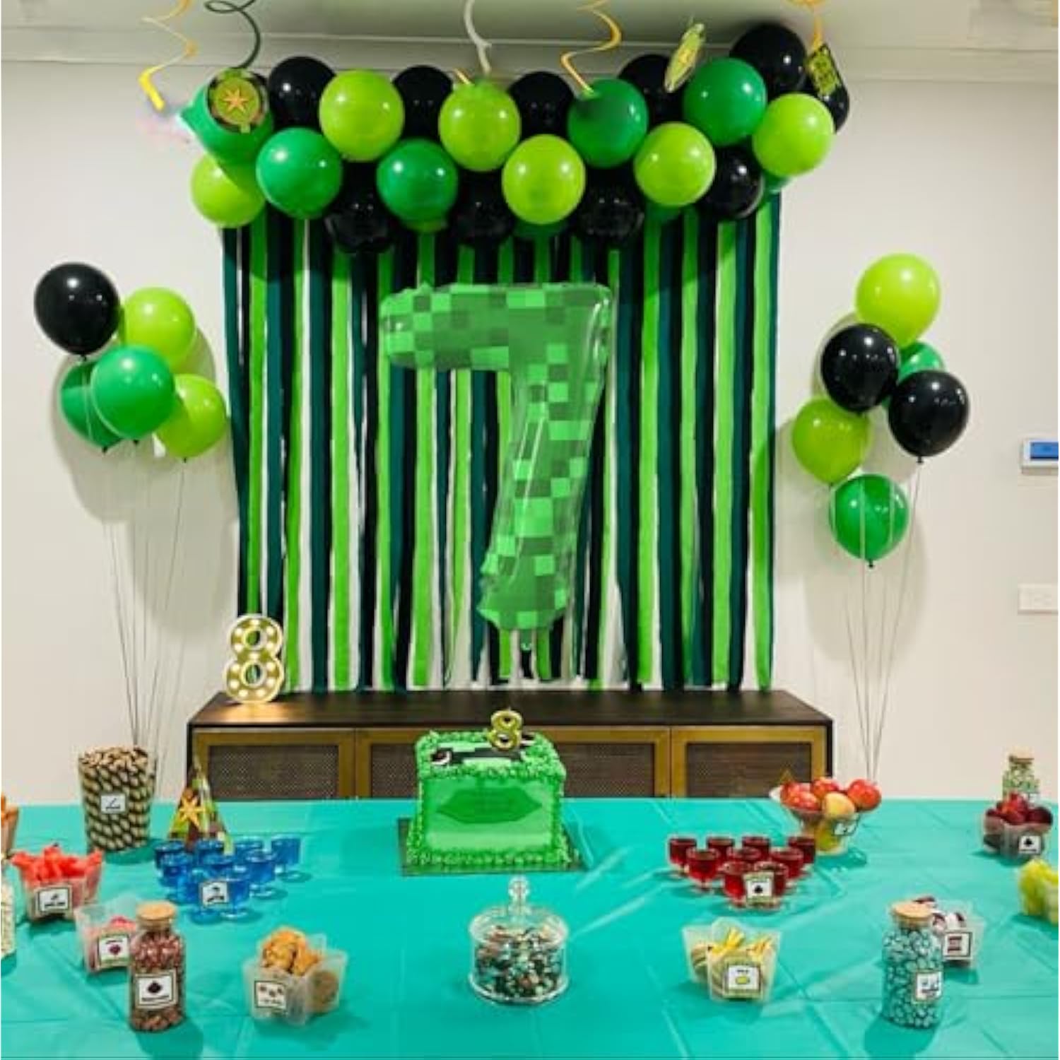 40 Inch Giant Green Pixel Miner Theme Number Foil Balloons Large Mining Number 7 Balloons Party Balloons Birthday Party Decorations Supplies Number 0-9 Available For Kids' Birthday Anniversary Party