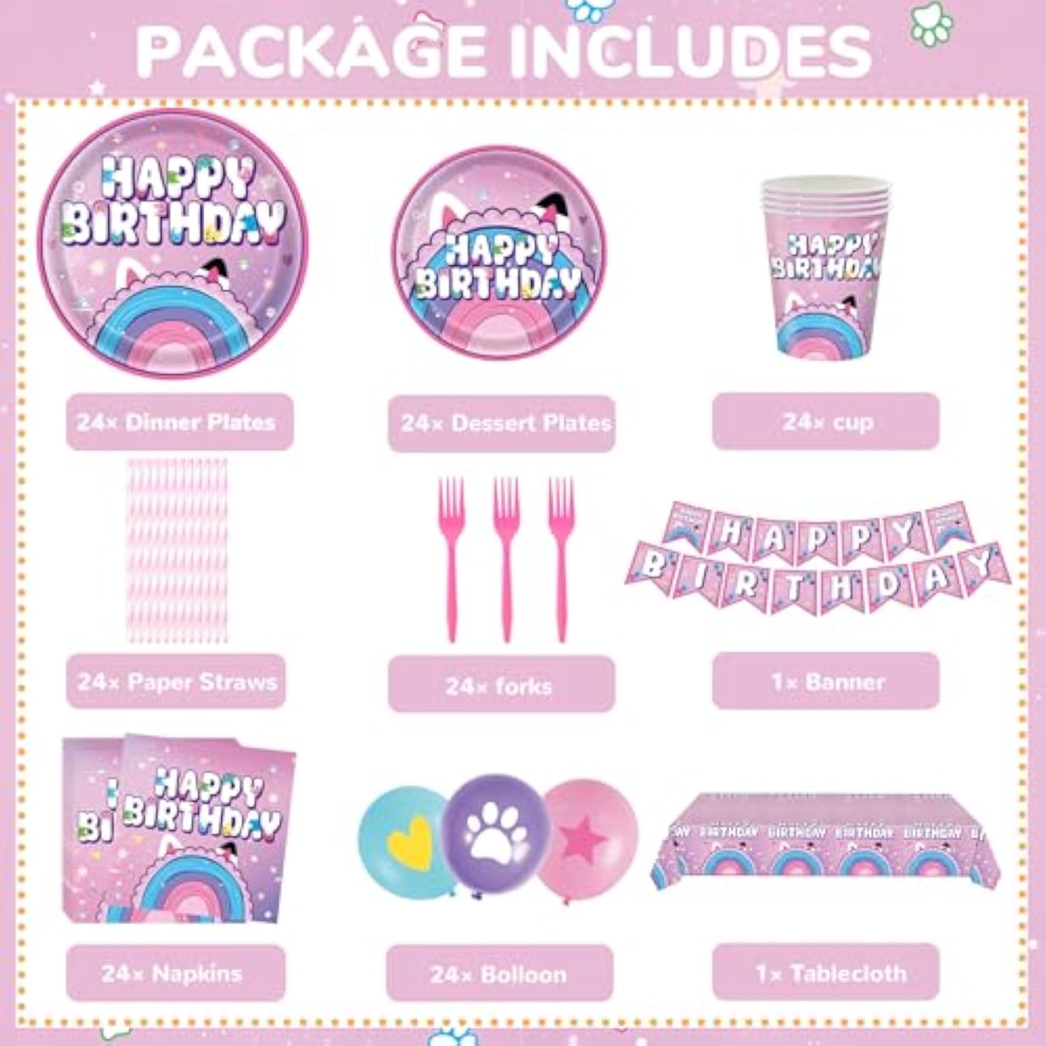 170Pcs Dollhouse Party Supplies For Kids First Birthday Cartoon Cat 1St 2Nd Party Decorations Paper Plates Napkins Paper Cups Tablecloth Balloons Banners For 24 Guests