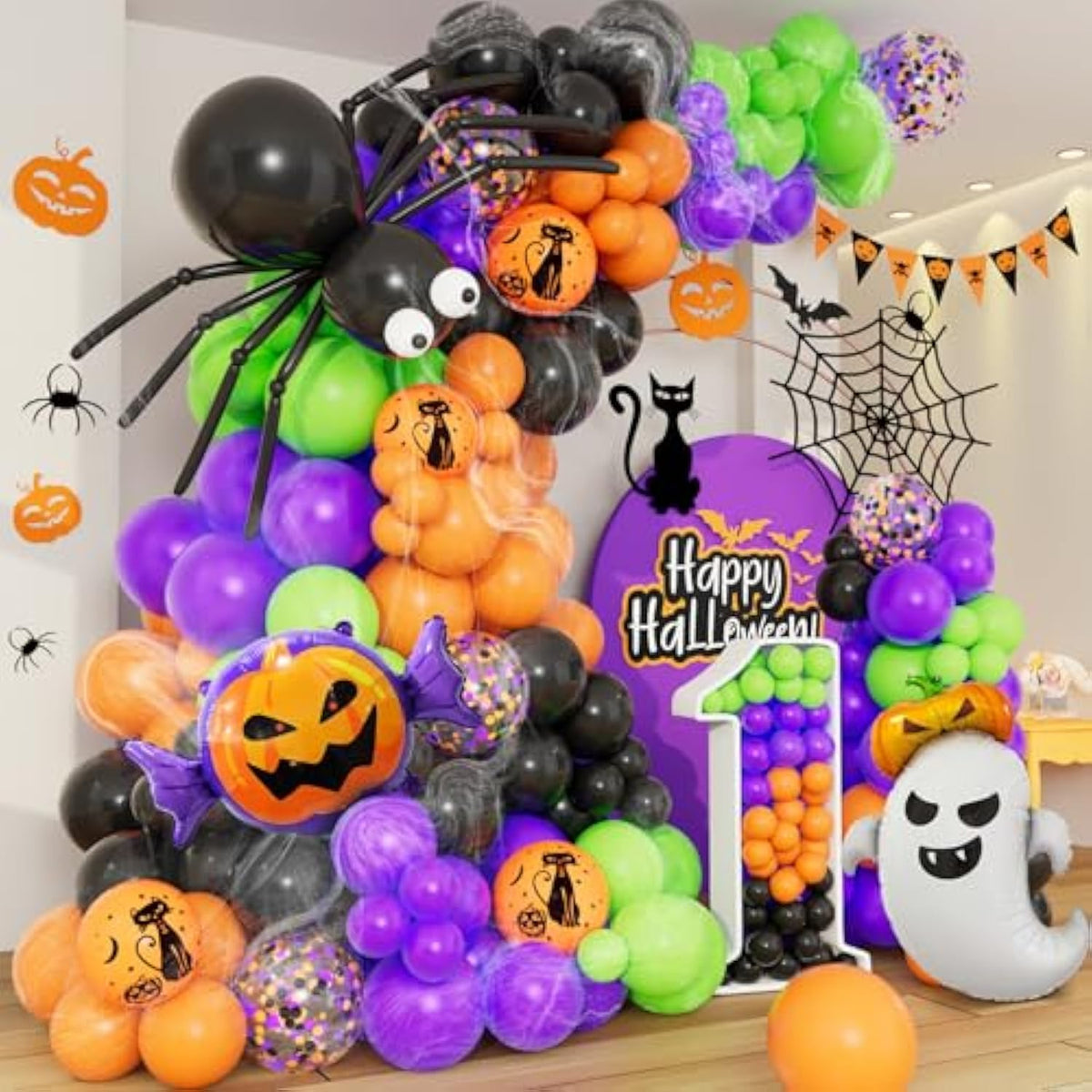 159Pcs Halloween Balloon Arch Kit - Ghost, Pumpkin, Black, Orange, Purple & Green Decor