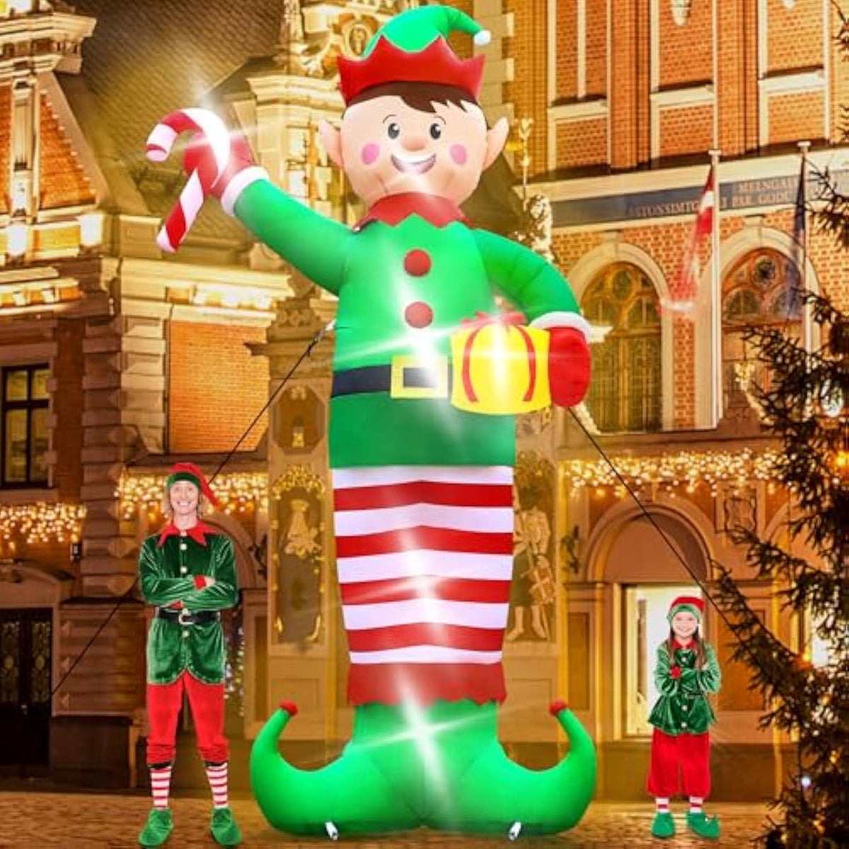 Christmas Inflatables, Giant 15 Ft Christmas Elf Inflatable Outdoor Decoration, Blow Up Xmas Elf Holding Box, Led Lighte