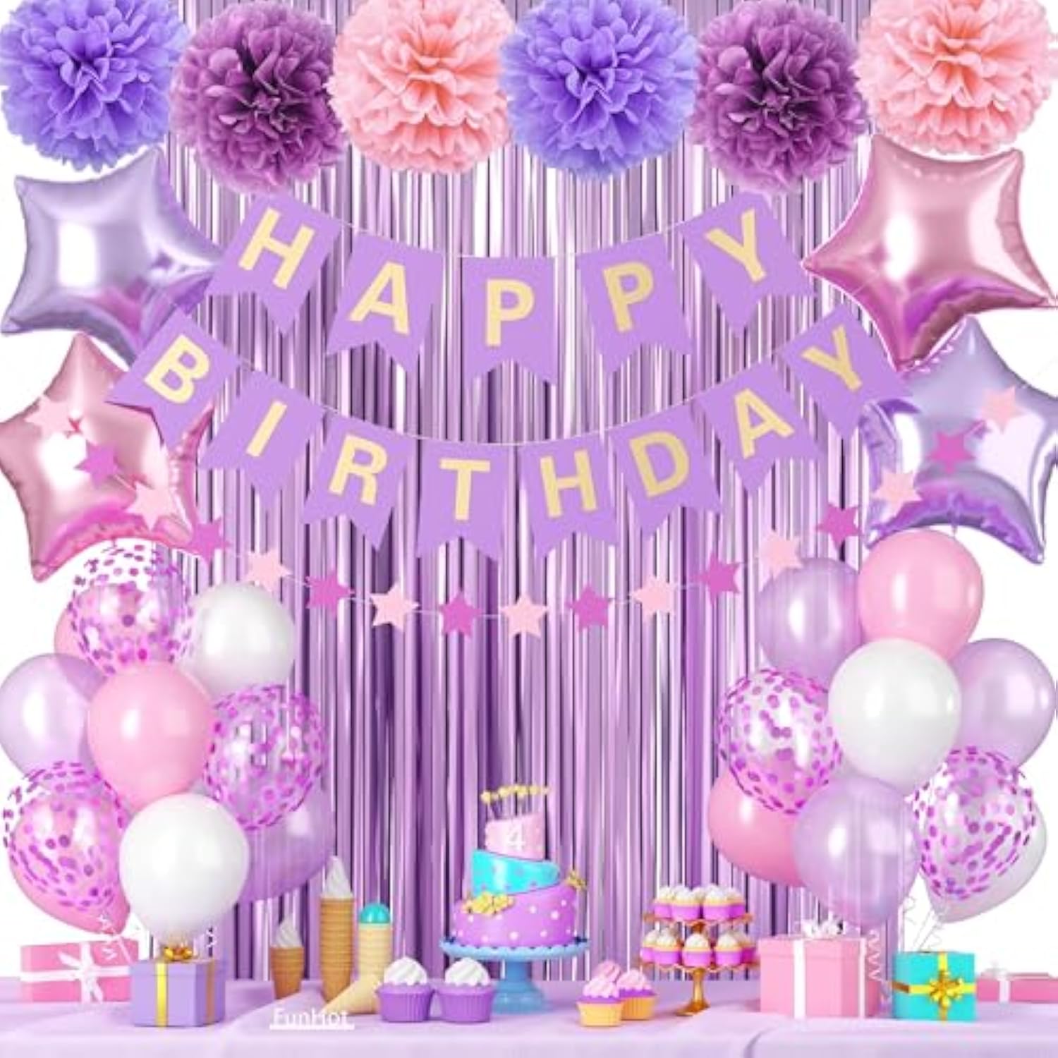Purple Pink Birthday Decorations,Princess Party Decorations For Women Girls With Pink Purple Balloons Happy Birthday Banner Fringe Curtain Tissue Pompoms Star Garland
