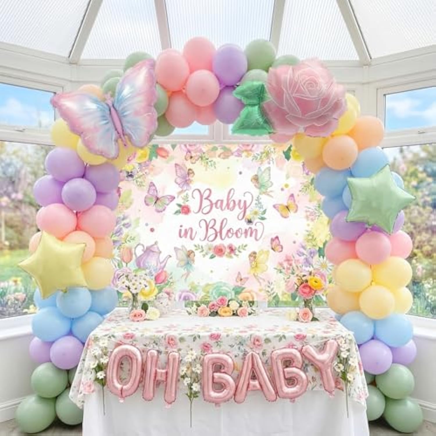 Baby In Bloom Balloon Decoration Kit With Backdrop, Pastel Spring Garden Tea Party Decor, Dusty Green Pink Purple Orange Blue Balloons With Rose Butterfly Star Foil & Pink Oh Baby Foil Balloon