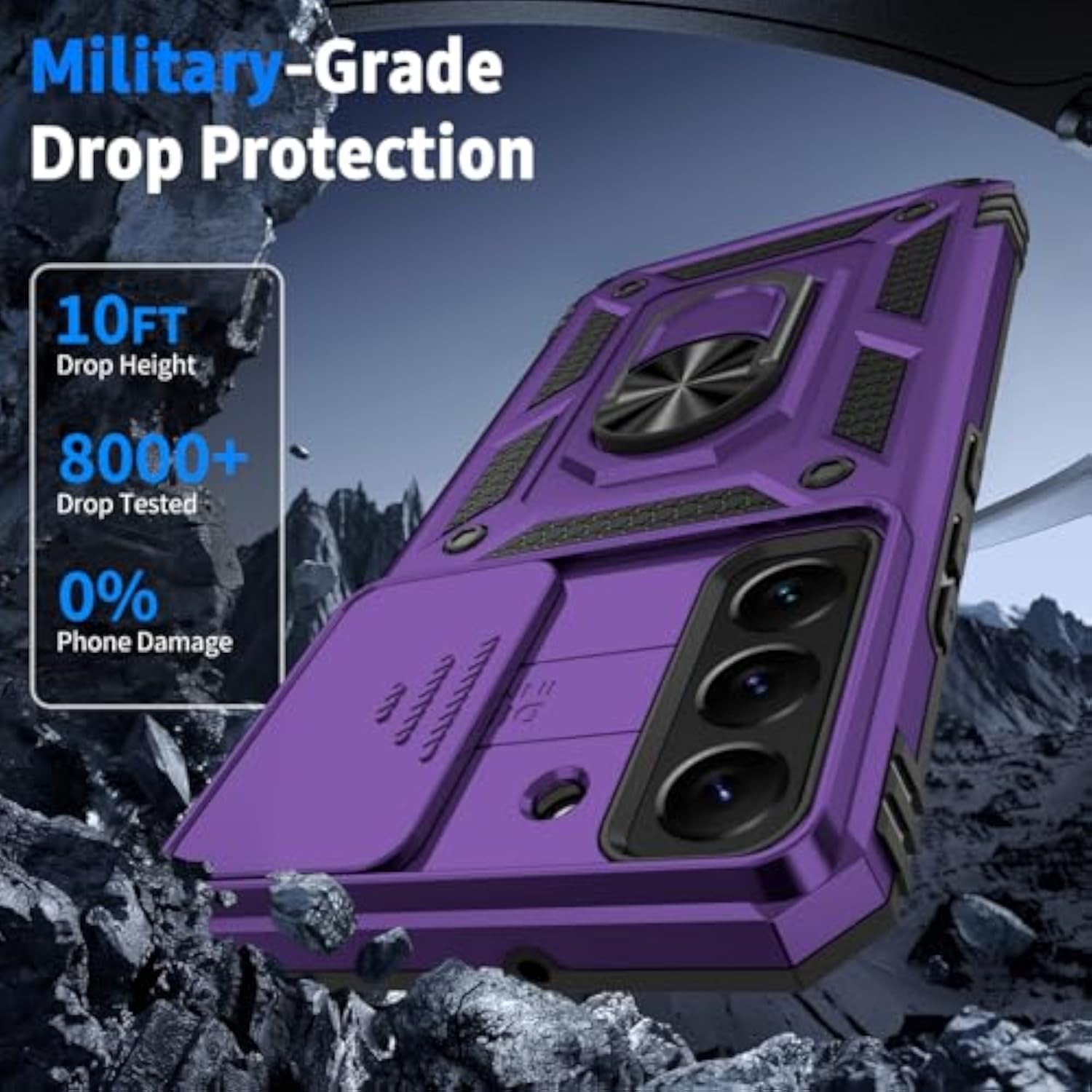 Samsung Galaxy S22 Plus Case with Camera Lens Cover, HD Screen Protector, 10 FT Military Grade Drop Protection, Magnetic Ring Holder Kickstand Protective Phone Case, Deep Purple