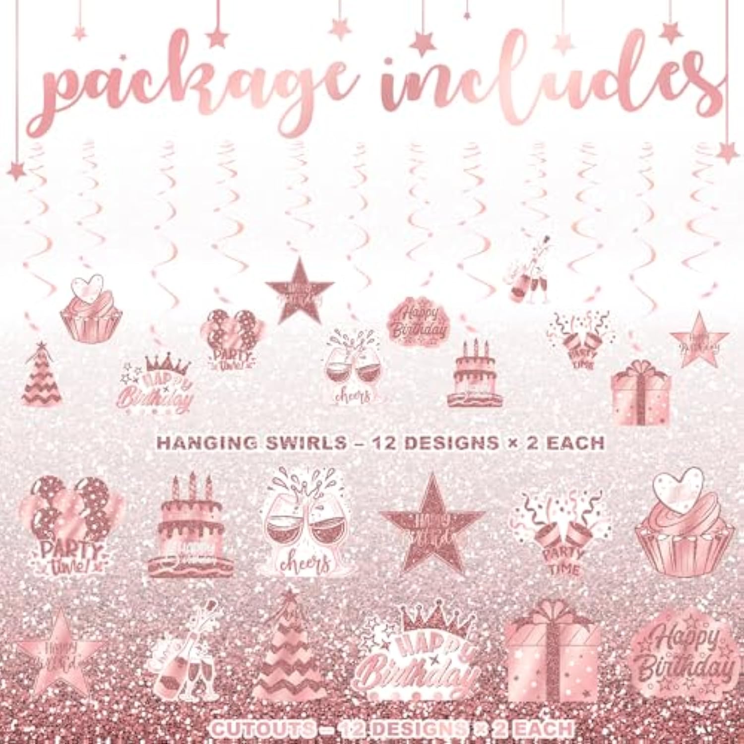 Rose Gold Happy Birthday Hanging Swirl Decorations 48Pcs Set With 24 Hanging Swirls And 24 Birthday Cutouts