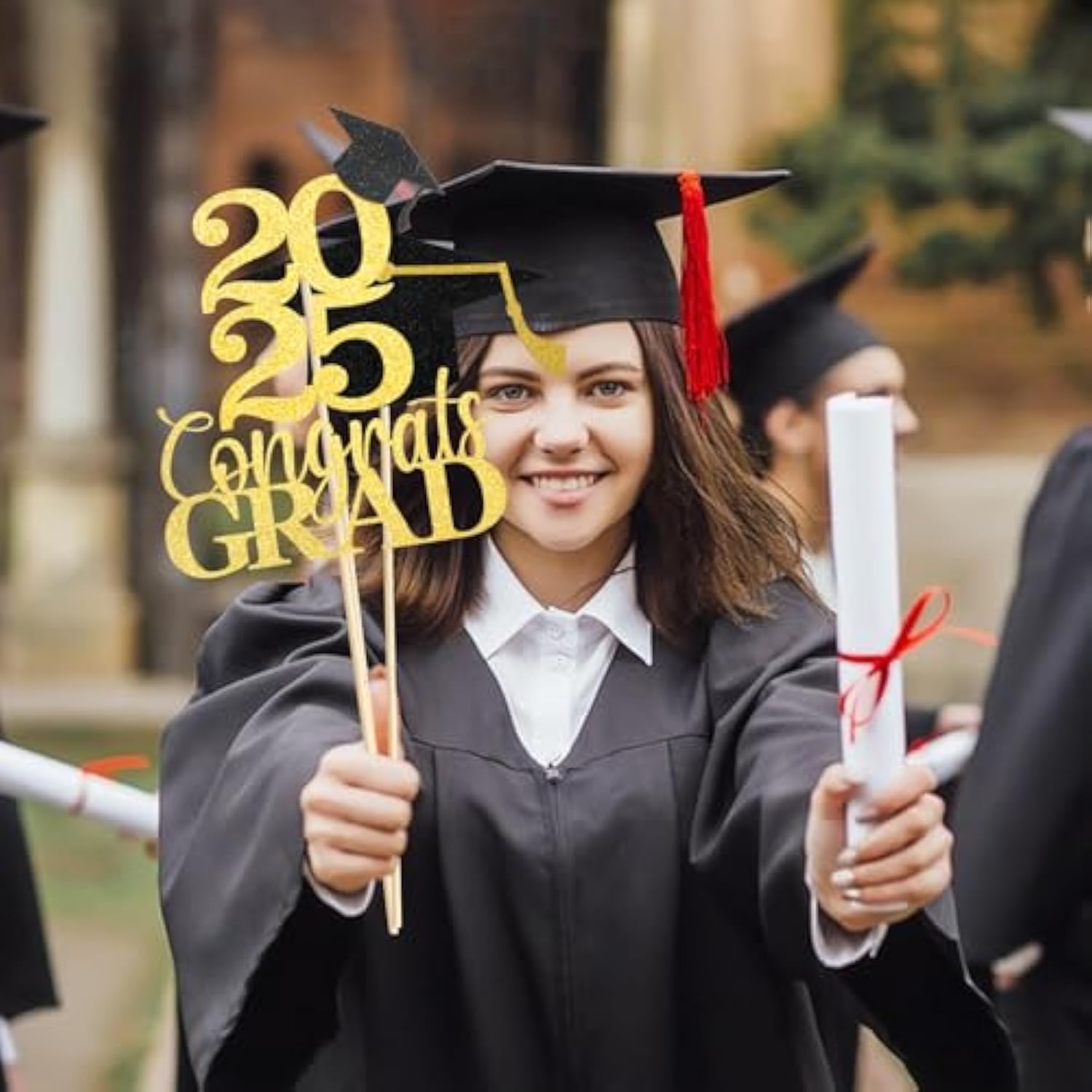 Graduation Decoration 2025, 16 Pcs Gold And Black Double Sided Sparkling Graduation Centerpieces Sticks For Table, Class Of 2025 Graduation Party Decorations, Table Toppers Set Of 4