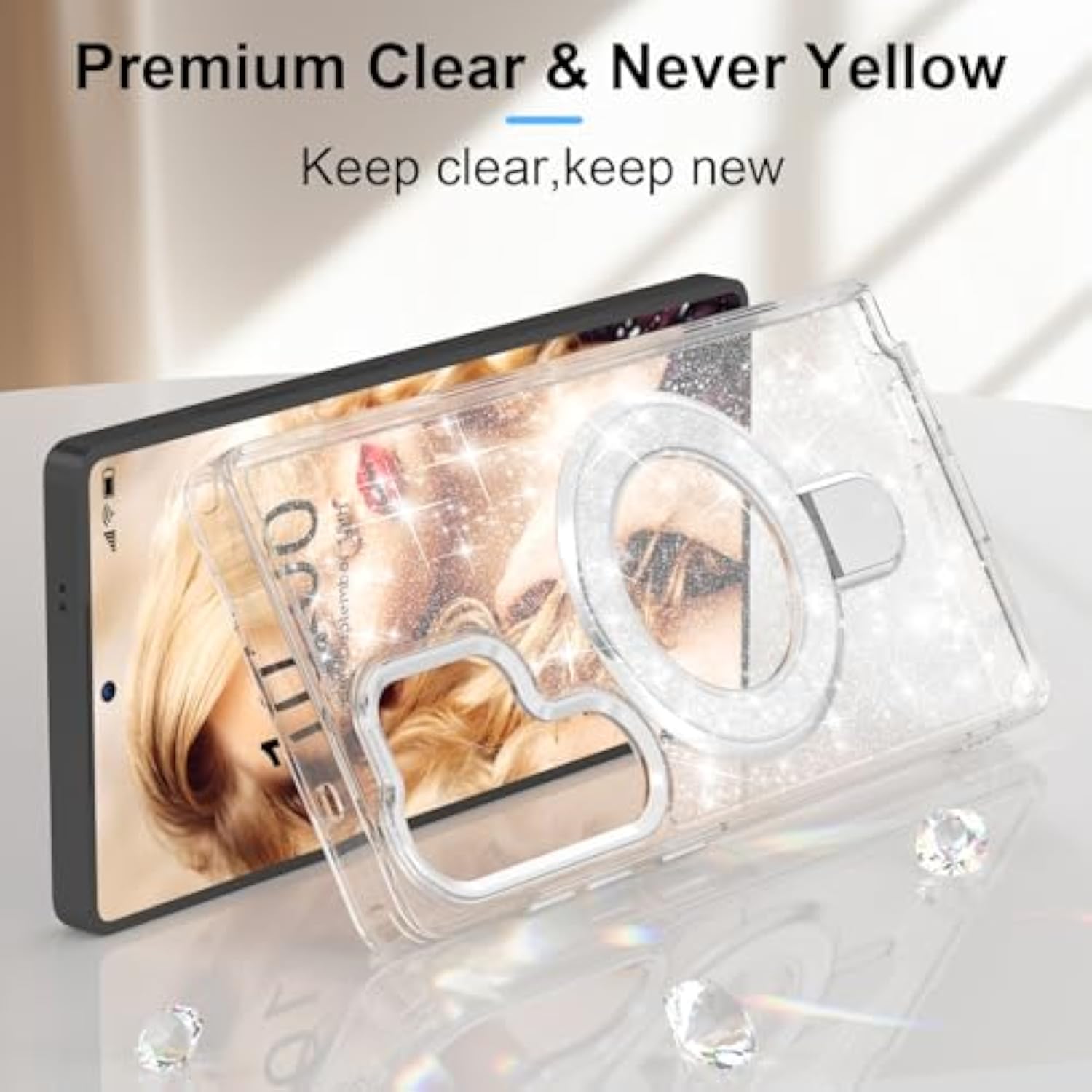 Silver glitter Galaxy S25 Ultra case with kickstand, bracelet, and shockproof design.