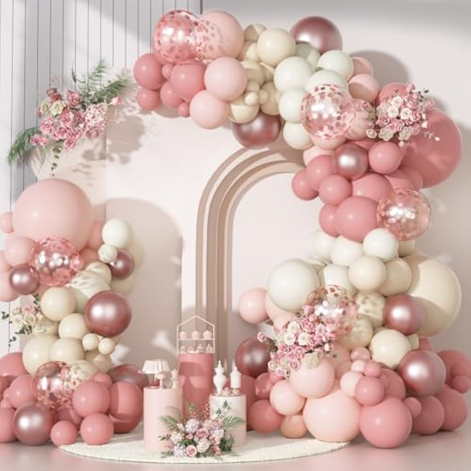 Dusty Pink Balloons Arch Garland Kit, Different Sizes 18 12 10 5 Inch Boho Pink White Sand Latex Metallic Confetti Balloon For Girl Baby Shower Mothers Day Birthday Party Decorations