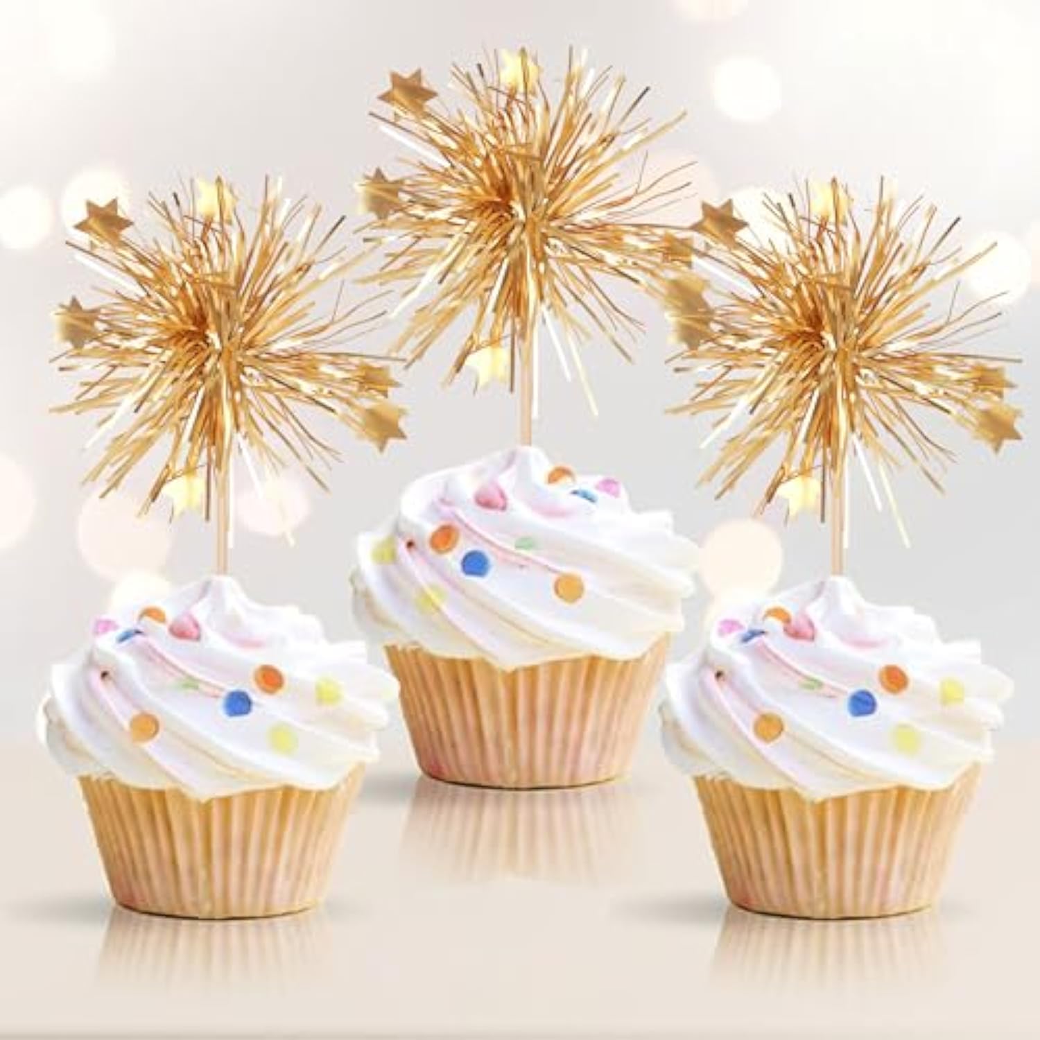 30pcs Foil Firework Cupcake Toppers Gold Sparkle Star Picks for Parties