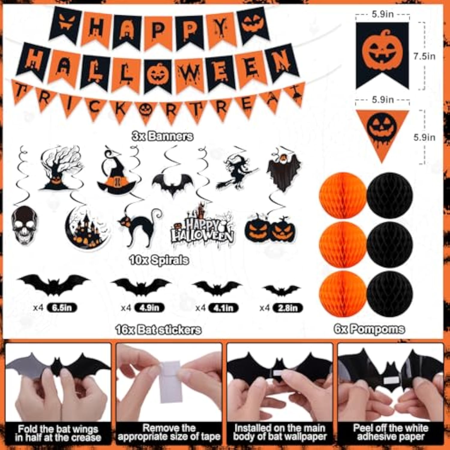 37Pcs Halloween Party Decorations Kit with Banner Pumpkin Bat Ghost Garland Swirls Decor