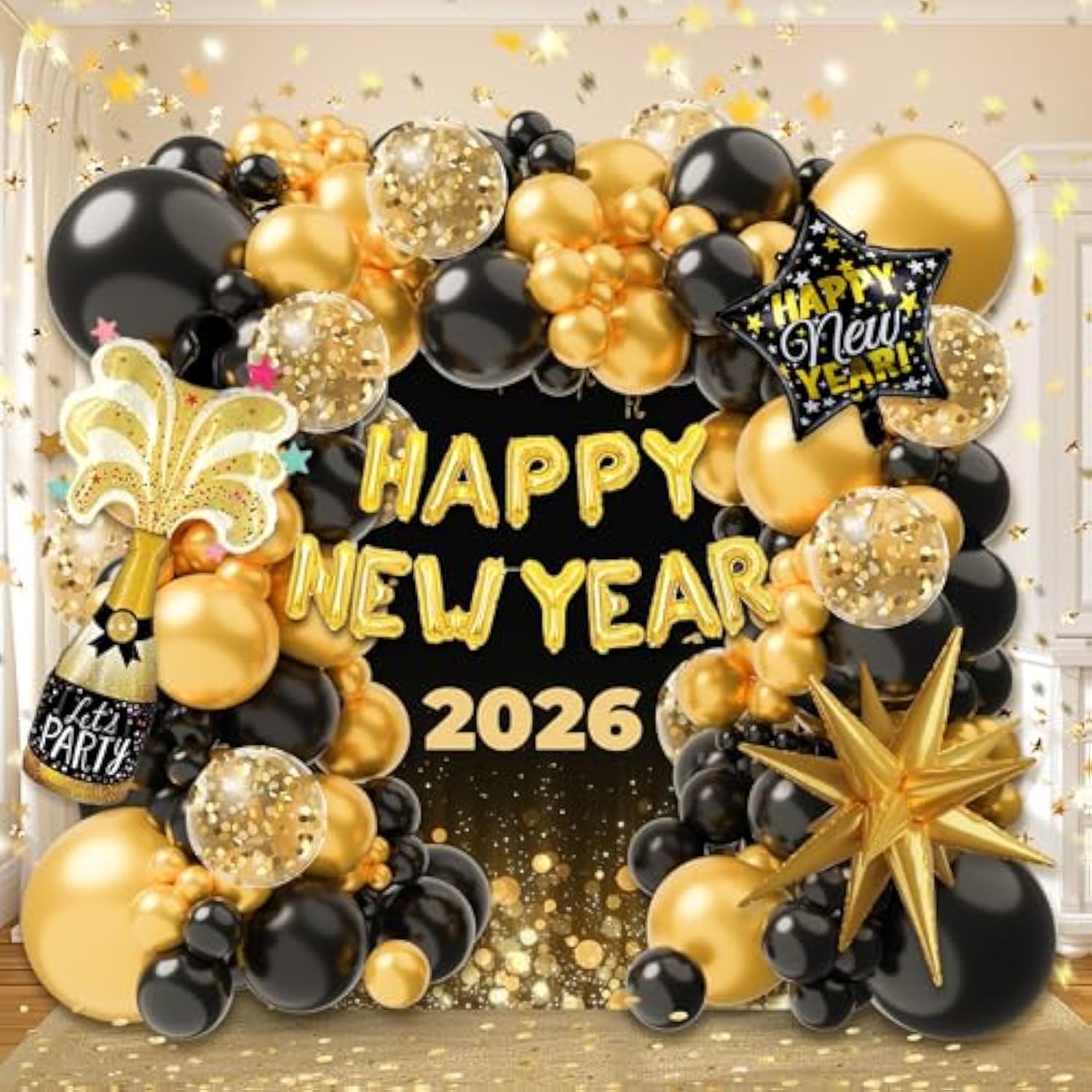 2026 New Year Balloon Arch Kit 140 Pc Black Gold Garland Party Decoration