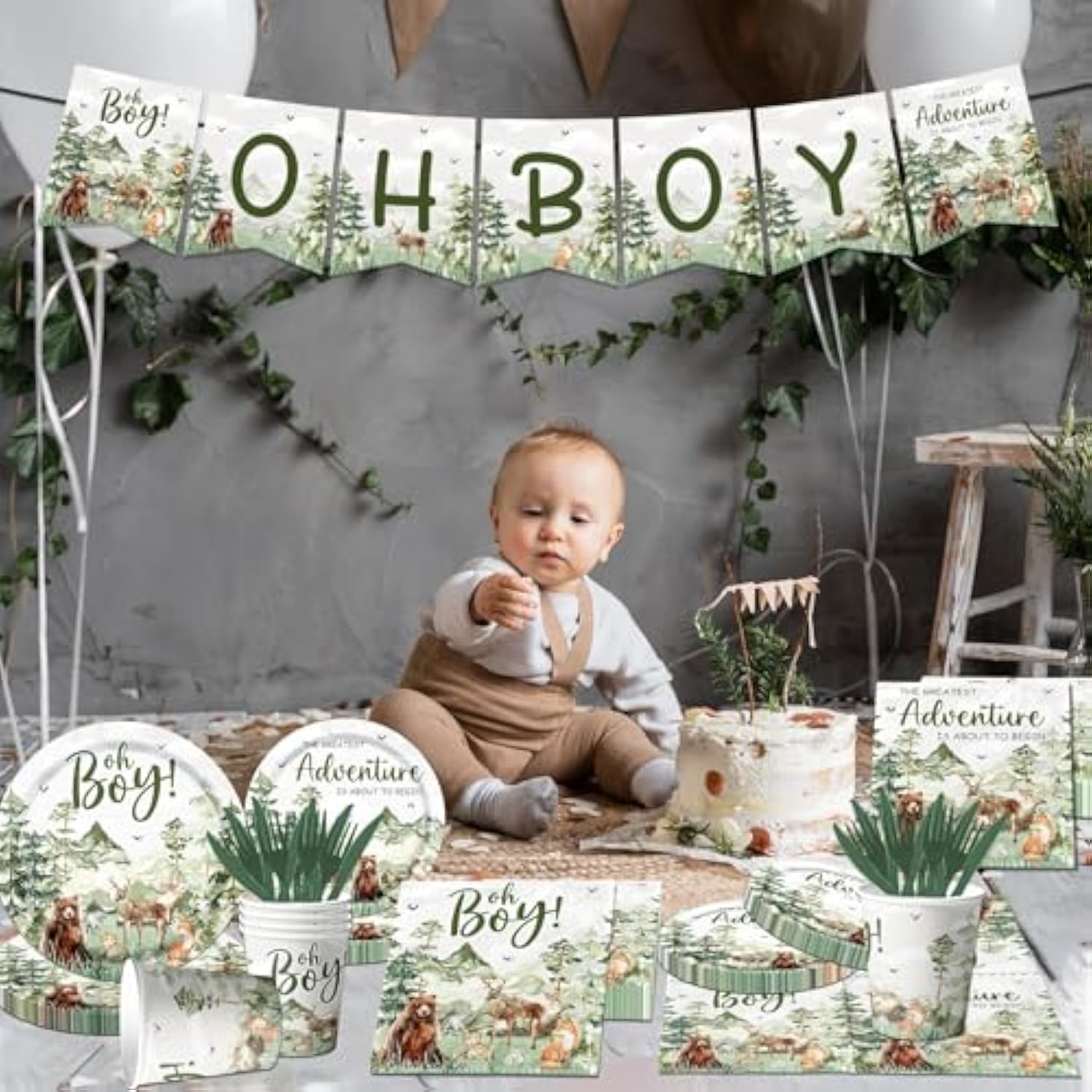 Let The Adventure Begin Baby Shower Tableware,Woodland Baby Shower Plates And Napkins Decorations Cups Banner Tablecloth For Adventure Awaits Baby Shower Boy Mountain Party Decorations