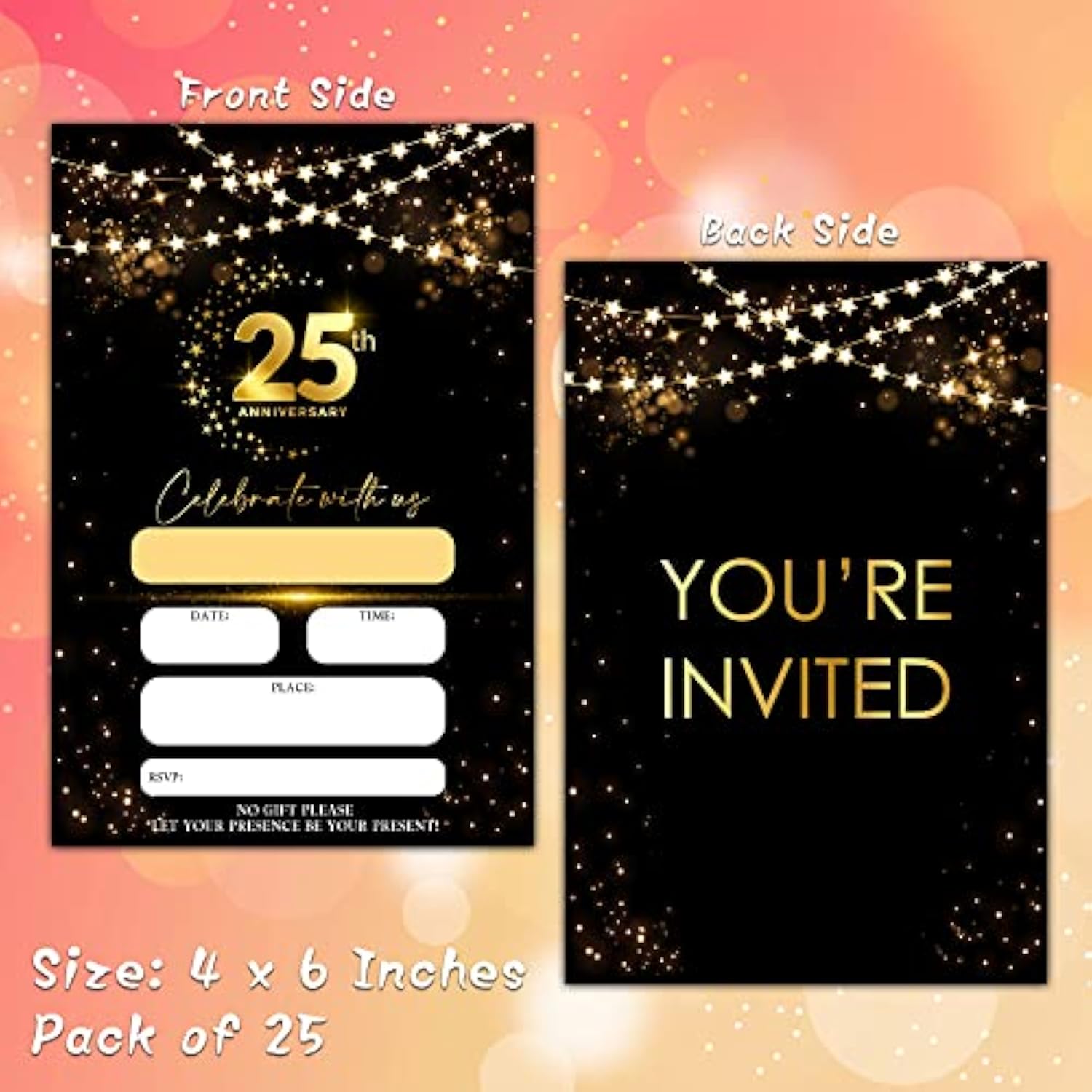 25Th Anniversary Invitations Cards, Black Gold Glitter Wedding Anniversary Invitations With Envelopes, Celebrate With Us Fill-In Invites Cards, Anniversary Party Supplies Decorations(Pack Of 25)