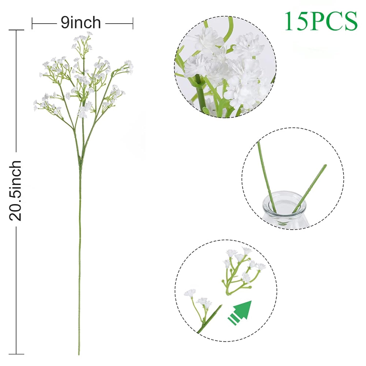 15 Pcs Babys Breath Artificial Flowers Fake Babys Breath Flowers Artificial Bulk White Gypsophila Bouquets Real Touch Faux Flowers For Wedding Floral Arrangement Party Home Decoration