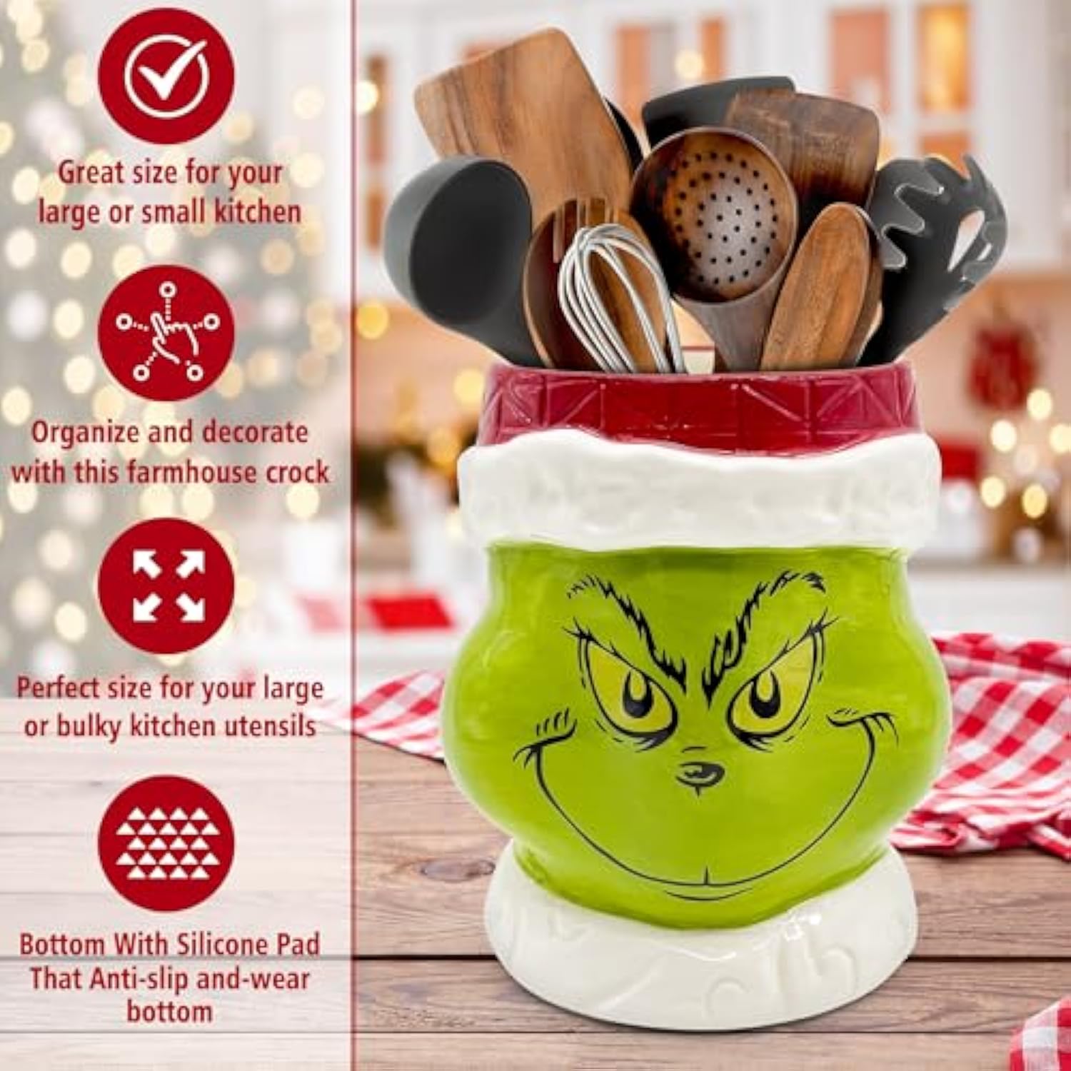 Christmas Kitchen Decor Ceramic Green Utensil Holder, Cute Christmas Utensils Holder, Green Ceramic Utensils Crock For Rustic Farmhouse Indoor Kitchen Decorations(6.3 Inches)