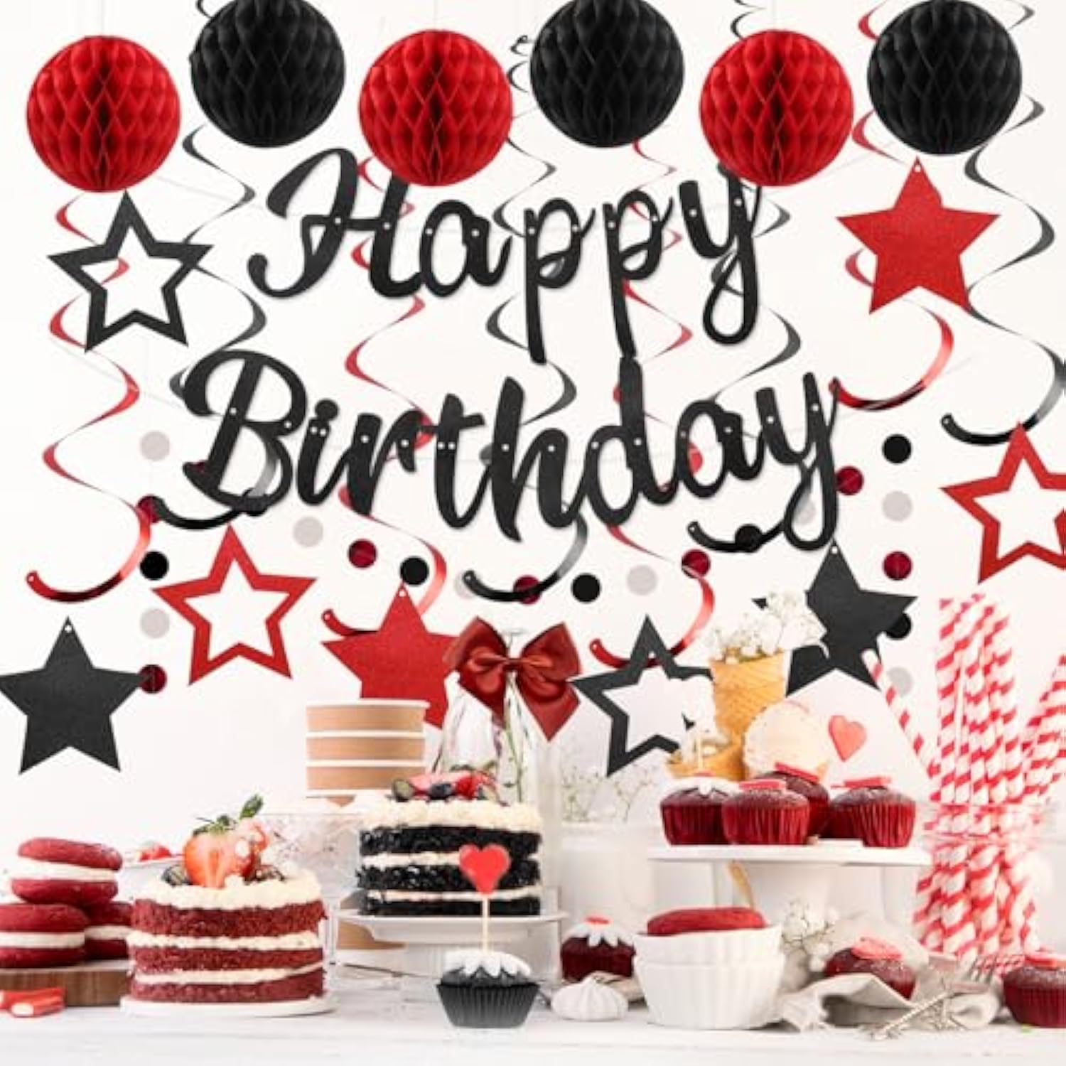 Pre-Strung Red & Black Birthday Decorations  Banner, Honeycomb Balls, Swirls and Garland – No DIY Needed