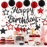 Pre-Strung Red & Black Birthday Decorations  Banner, Honeycomb Balls, Swirls and Garland – No DIY Needed