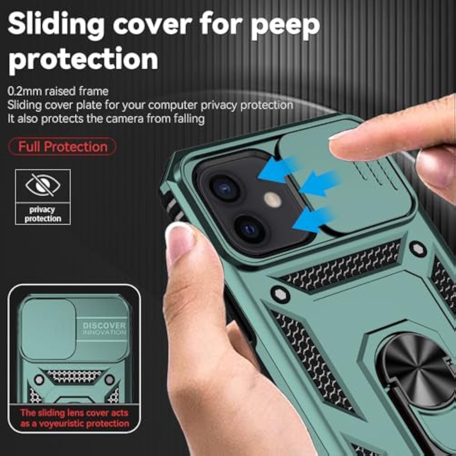 For Iphone 12 Case,With Camera Lens Cover Hd Screen Protector,[Military Grade] Ring Car Mount Kickstand Hybrid Hard Pc Soft Tpu Shockproof Protective Case For Iphone 12, Green
