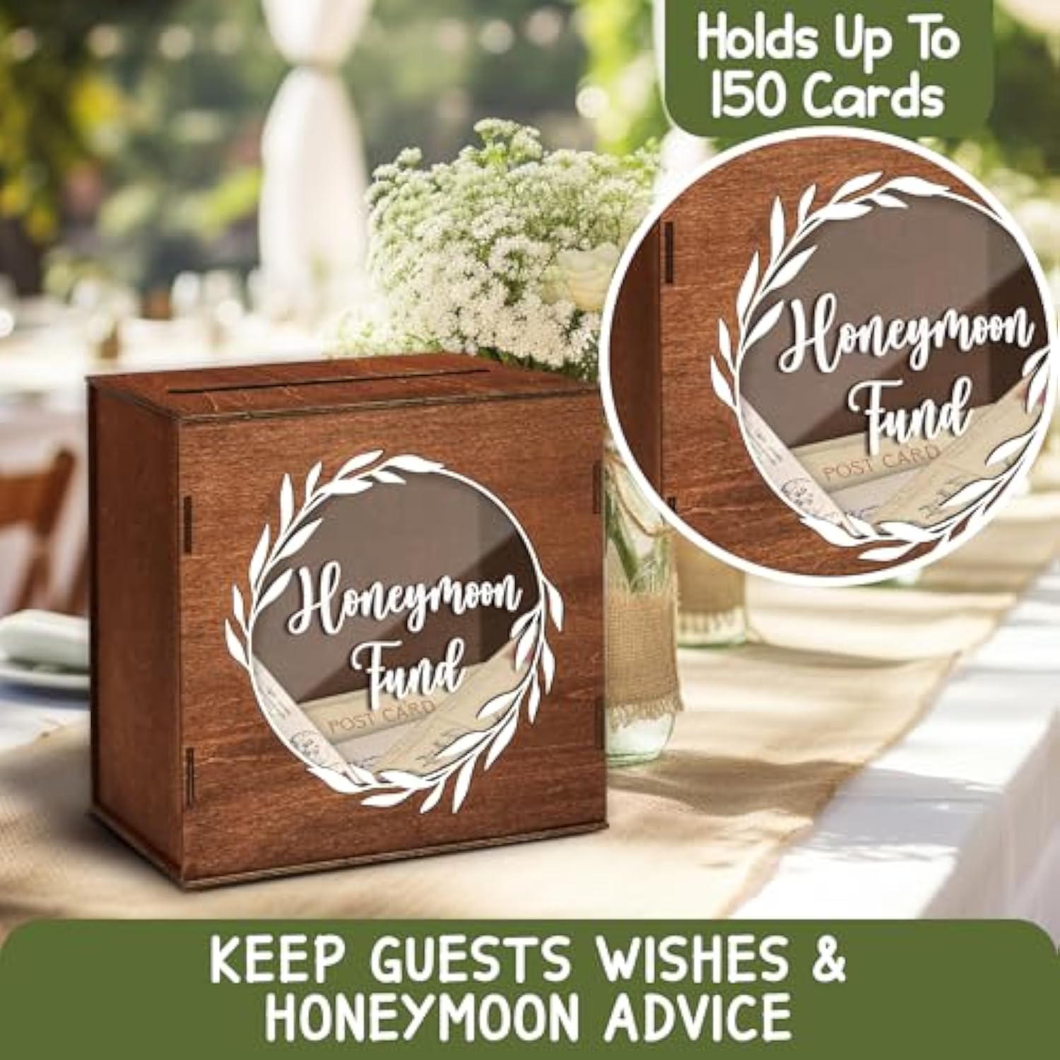Honeymoon Fund Box For Wedding - Rustic Wooden Card Box, Honey Moon Funds Box, Elegant Wedding Card Box For Reception, Birthdays, Graduations, Baby And Bridal Showers
