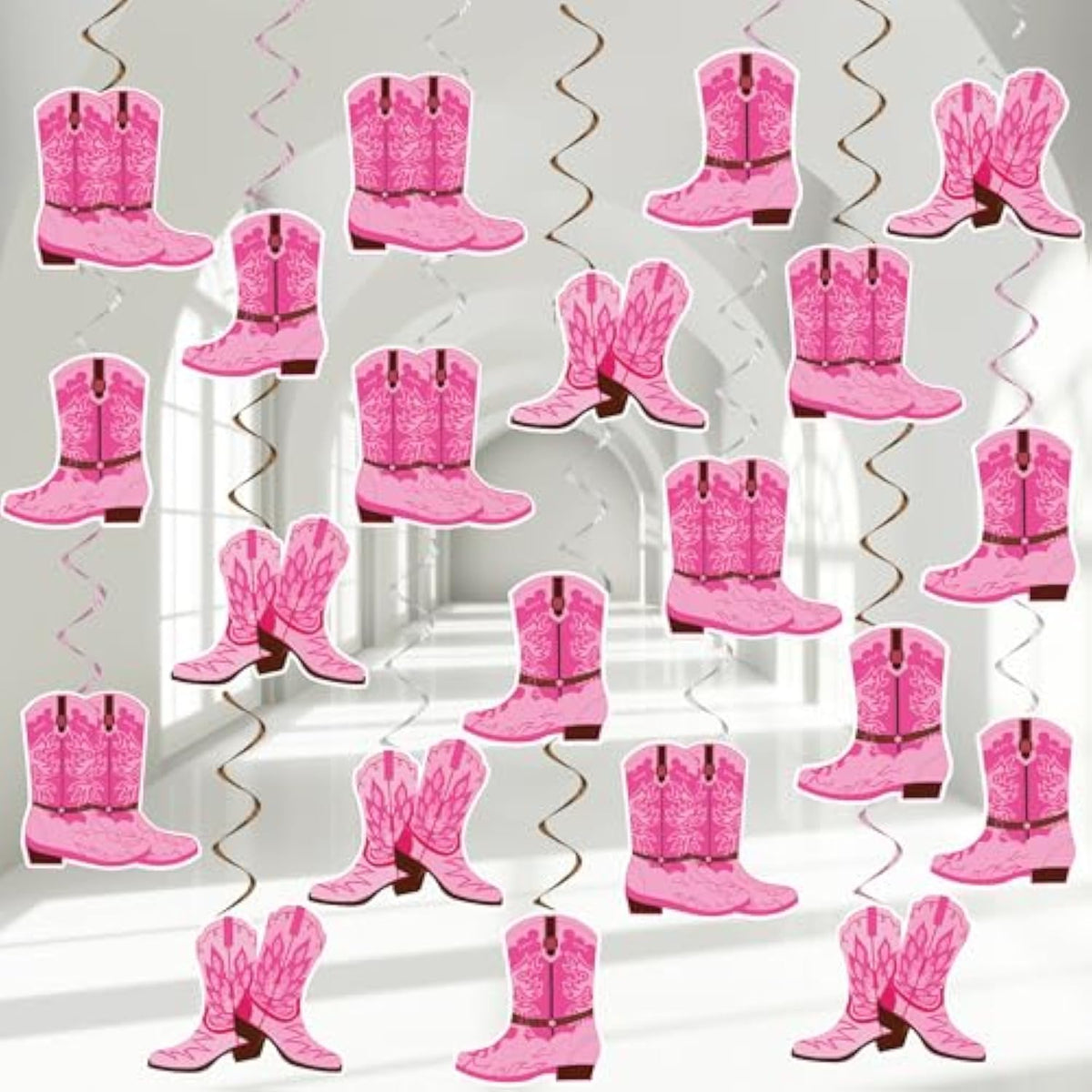 60Pcs Western Cowgirl Themed Party Hanging Swirls Pink Boot Hanging Swirls Decorations Western Cowgirl Boot Banner For Retro Baby Shower Cowboy Birthday Favors Supplies
