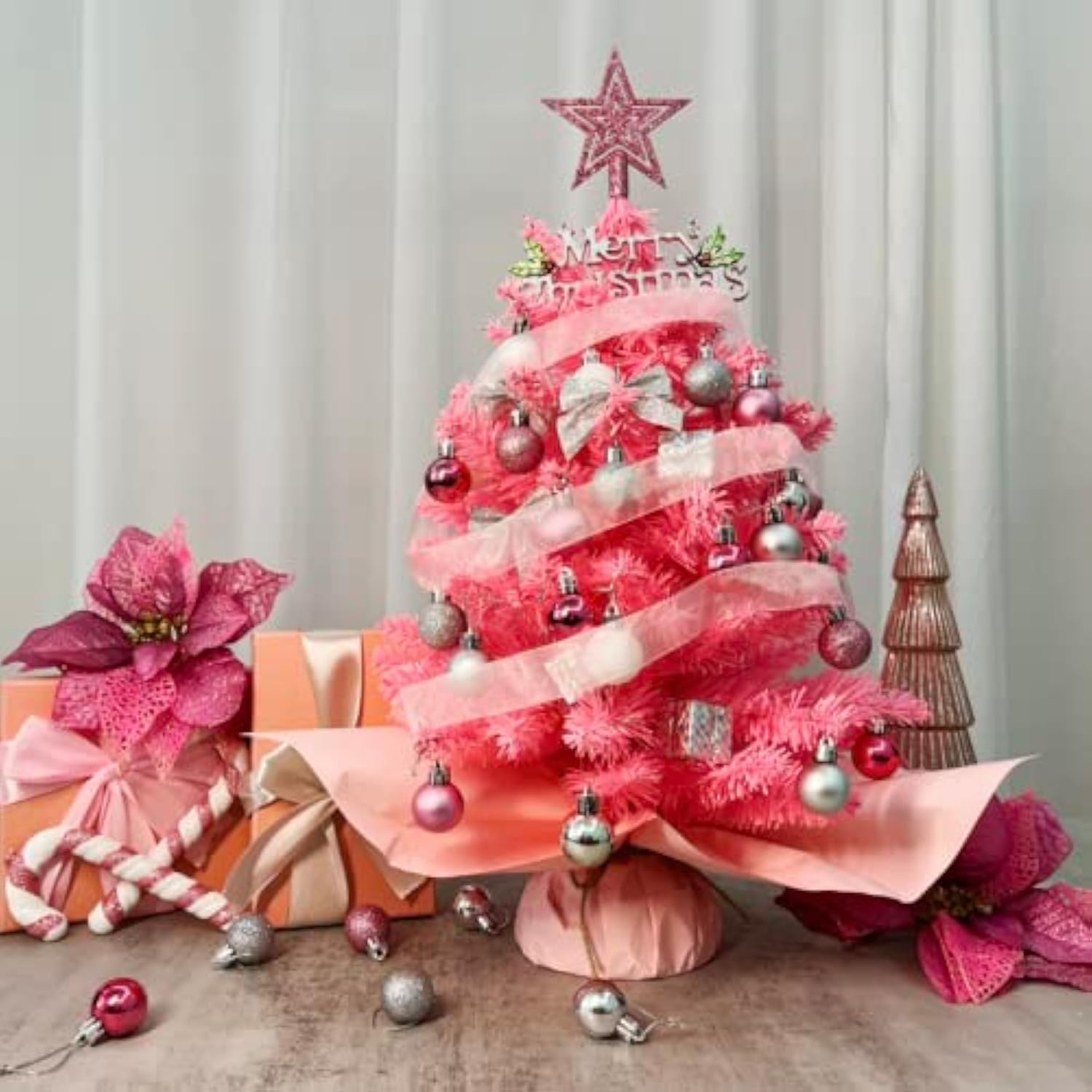 20" Mini Pink Christmas Tree, Artificial Small Christmas Tree With Lights, Tabletop Christmas Tree With Star Treetop,Bow Boxes And Ball Ornaments For Diy Christmas Decoration (Pink)