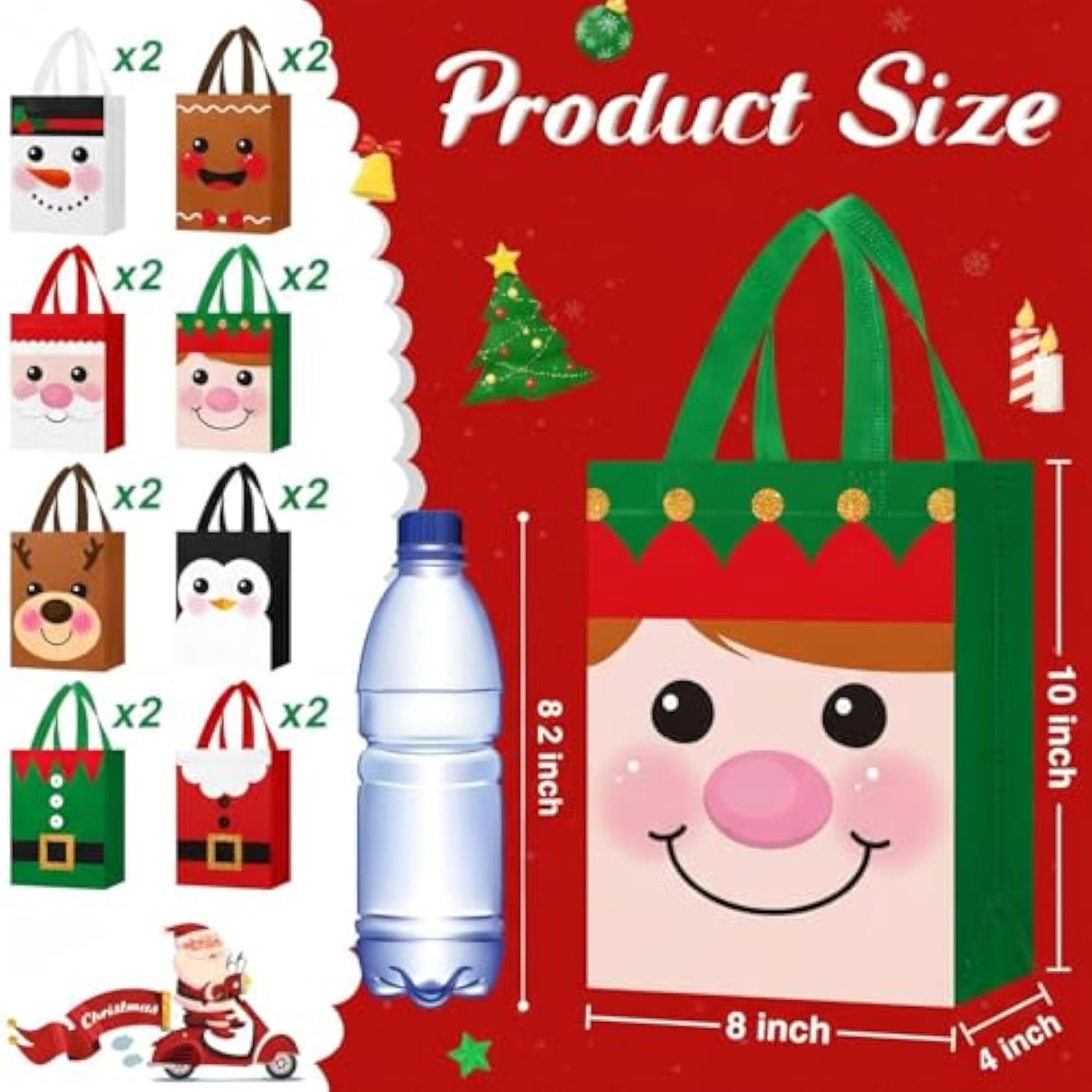 16 Pcs Christmas Gift Bags With Handles 10 X 8 X 4 Inch Reusable Multifunctional Non Woven Christmas Gift Doll Bags Wrapping Xmas Party Favors For Holiday Xmas Gifts