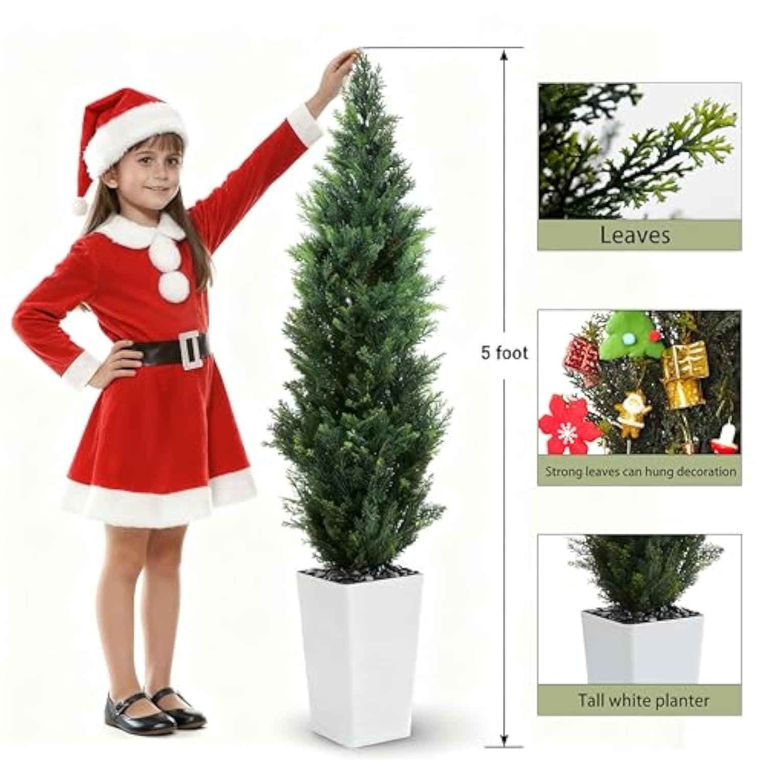 Artificial Cedar Trees 5Ft Tall Artificial Bushes Cypress Shrubs, Fake Evergreen Shrubs With Extra Dense Foliage Realistic Potted & Pebbles Faux Plants For Front Porch Outdoor Christmas Tree