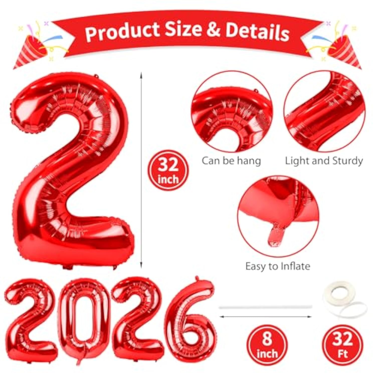 2026 Red Number Balloons Happy New Year Banner Heart Balloon Party Decor