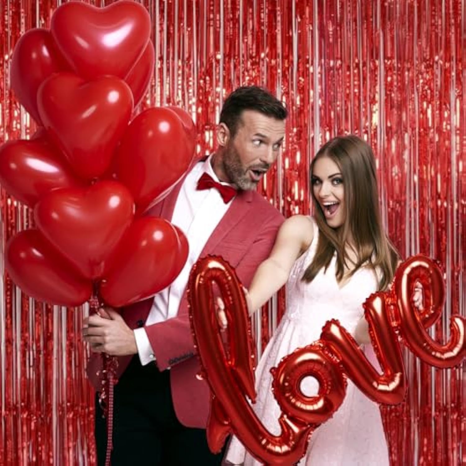Red Foil Fringe Curtain Christmas Party Decorations, 3.2 X 8 Ft Metallic Tinsel Curtains Streamer Backdrop For Birthday, Anniversary, Valentine'S Day Party Decor - Pack Of 2