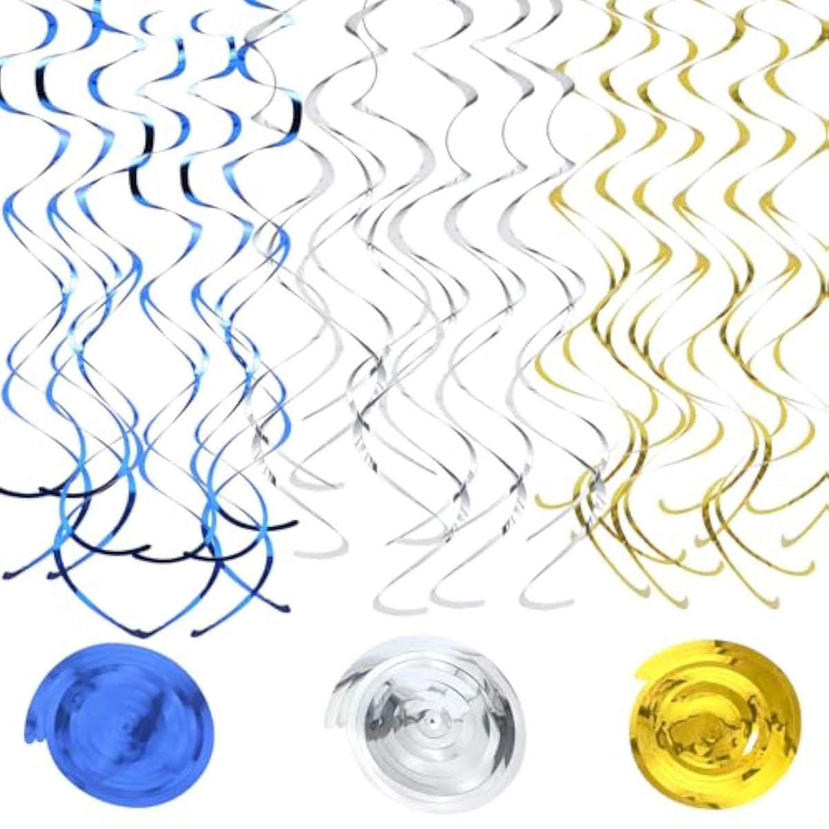 36Pcs Hanging Swirl Party Decorations Foil Decorations Ceiling Swirl Spiral Hanging Plastic Streamer For Ceiling Birthday Graduation Wedding Celebration Baby Shower Party Supply (Blue Gold Silver)