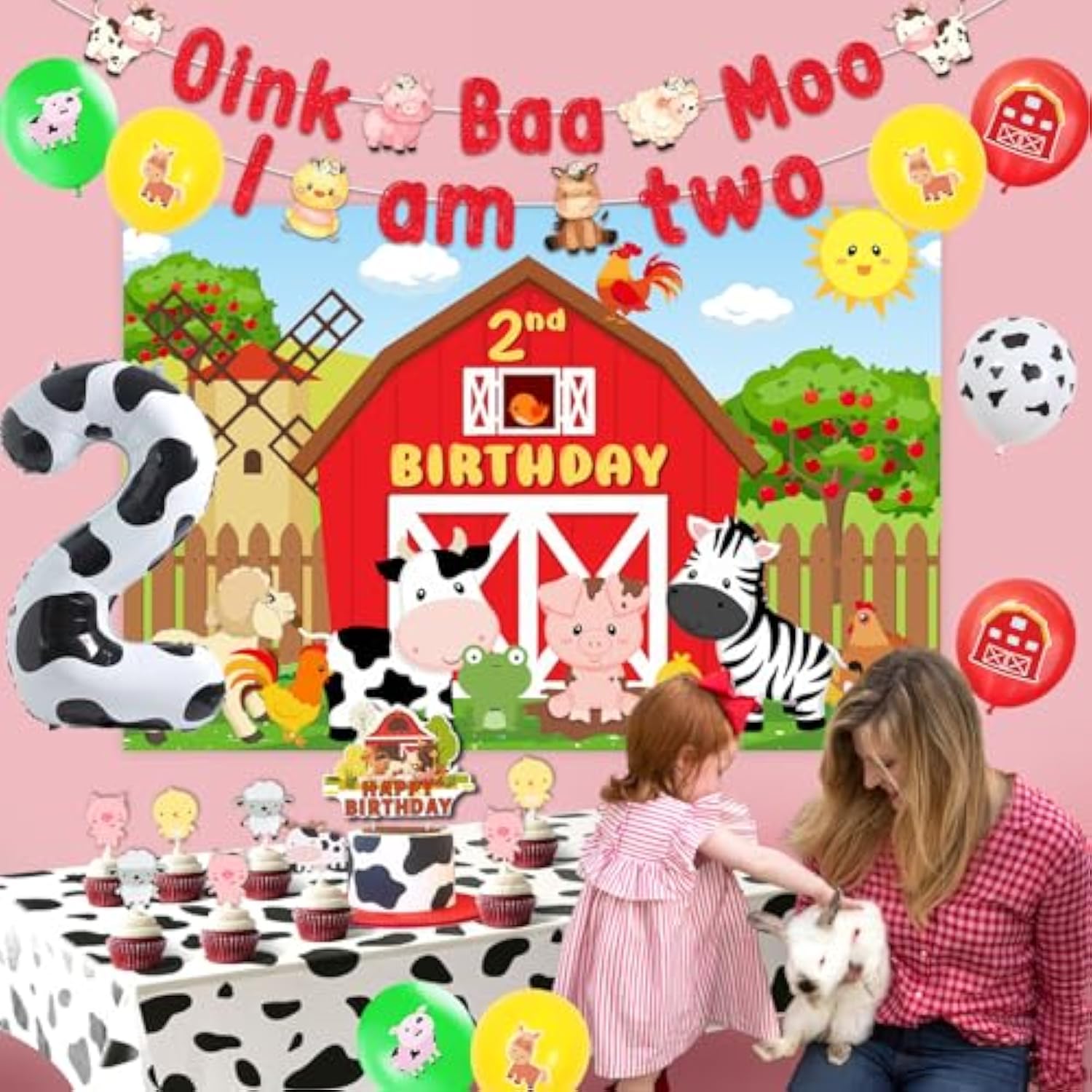 Farm Animal 2Nd Birthday Party Decorations, Oink Baa Moo I Am Two Party Decorations Backdrop Banner Cake Cupcake Topper Cow Print Number 2 Foil Balloon For Boy Girl 2 Year Old Birthday