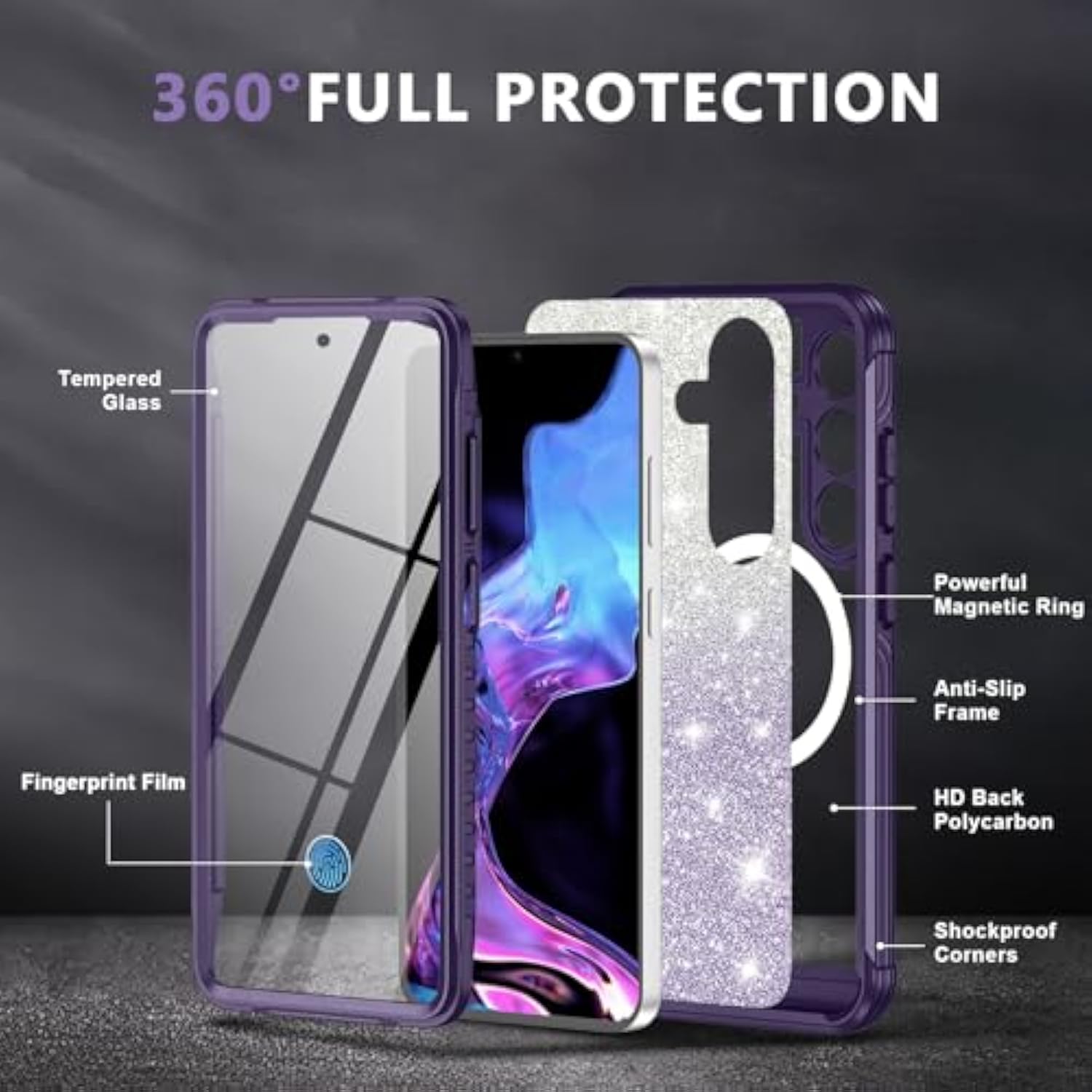 For Samsung Galaxy S25 Plus Case Glitter,Compatible With Magsafe[Built-In Tempered Glass Screen Protector & Camera Lens Protection] Full Body Shockproof Protective Bling Phone Case,Amethyst