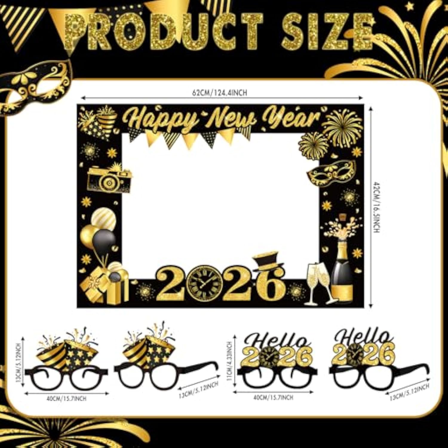 25pcs 2026 New Year Photo Booth Props Black Gold Party Favors