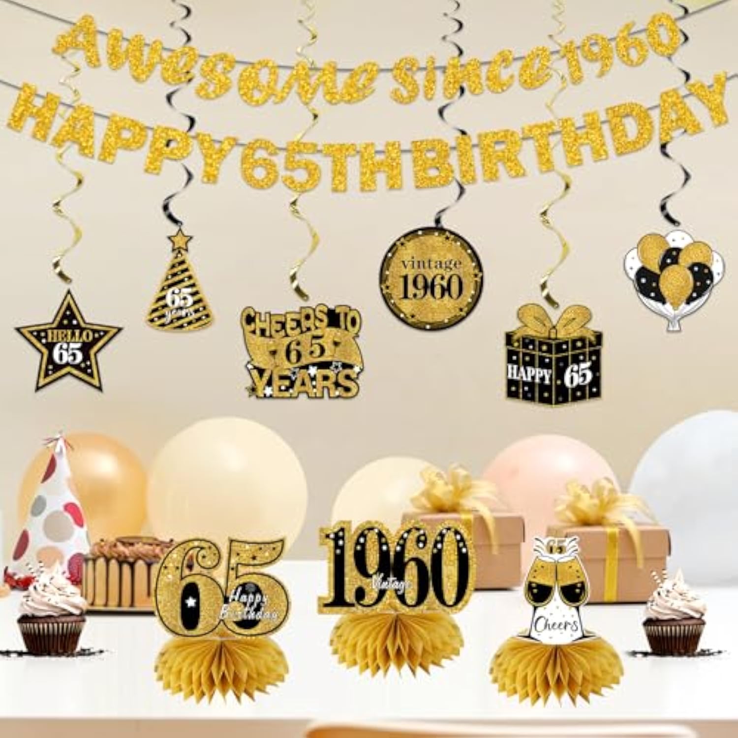 11Pcs 65th Birthday Kit - Black & Gold Banner, Centerpieces & Party Supplies