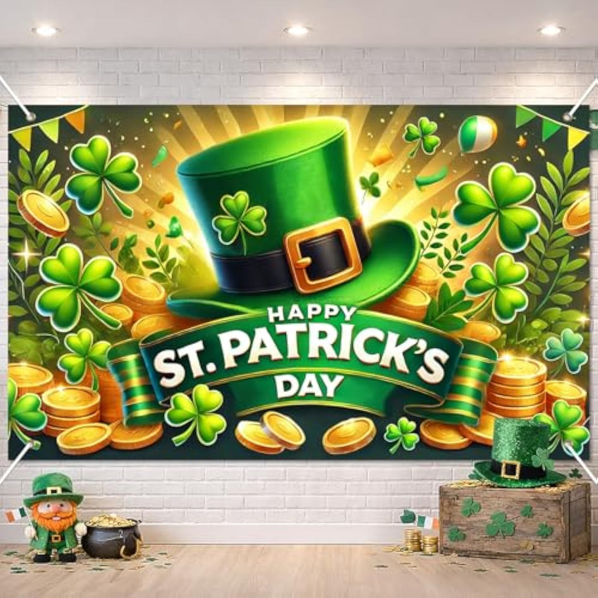St. Patrick'S Day Banner 71X43 Inch Green Party Banner Backdrop With Clover Hat Gold Coins Happy St. Patrick'S Day Text For Holiday Party Decoration Photo Background Wall Hanging
