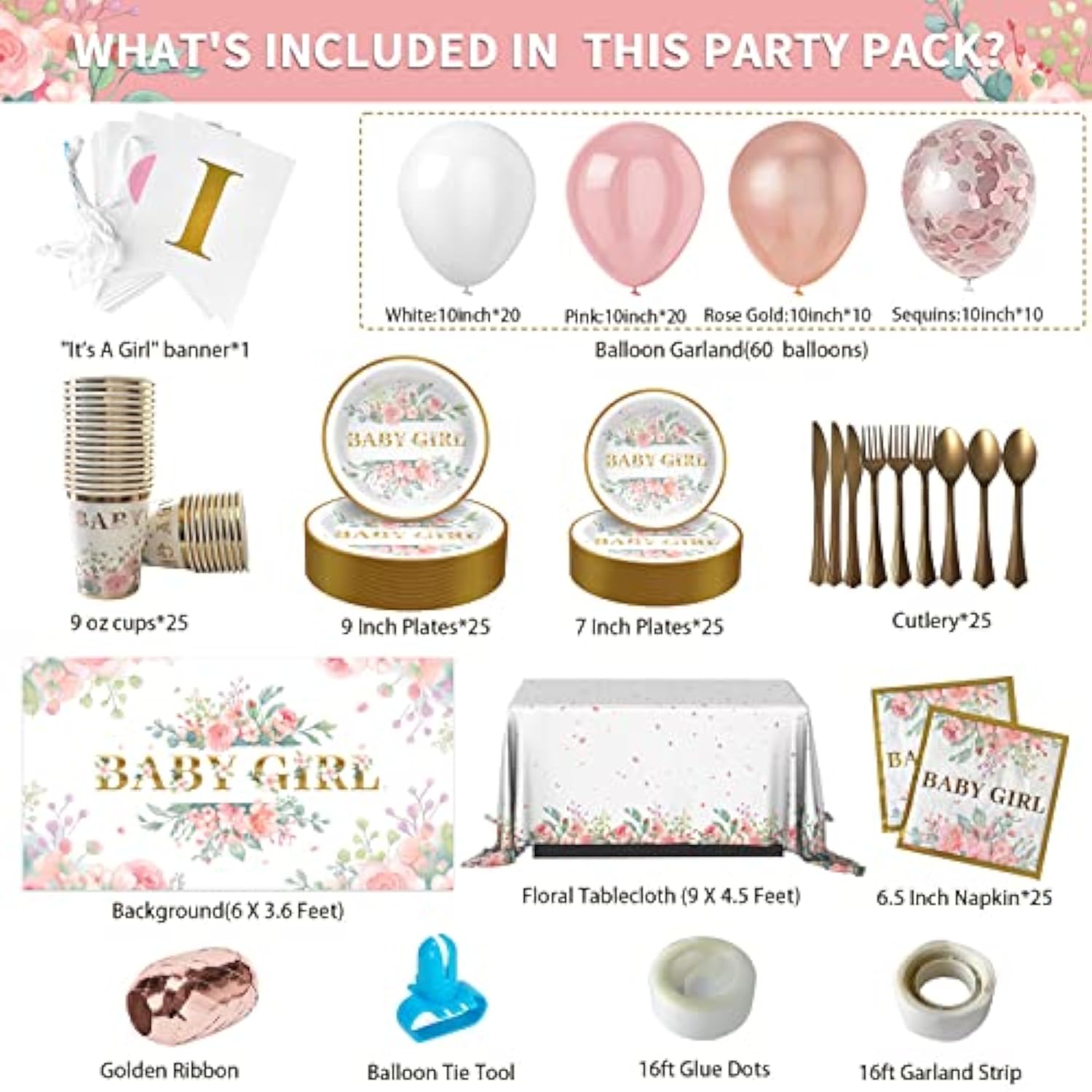 242PCS Floral Girl Baby Shower Decor Set with Tableware, Banner & Balloons