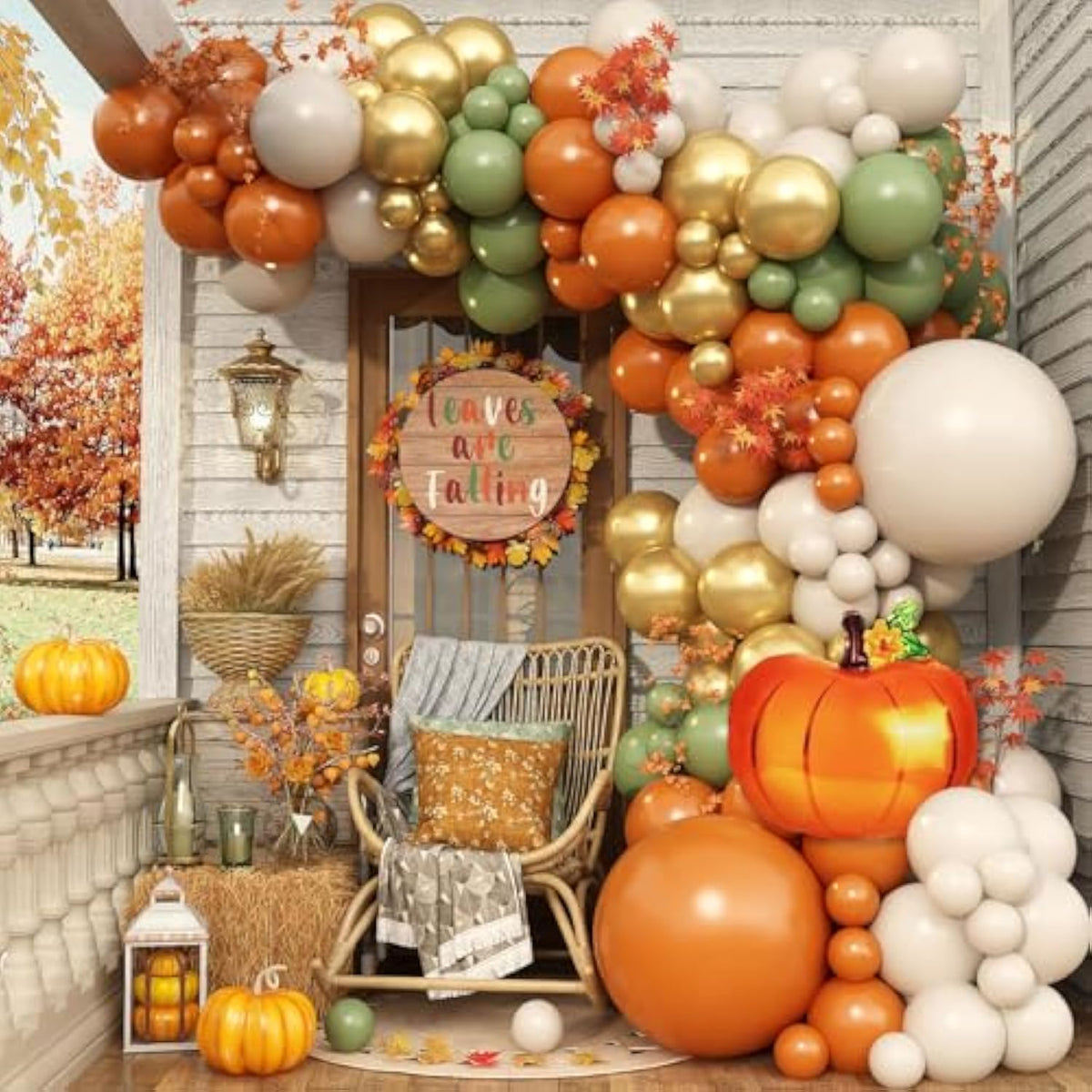 Fall Balloon Garland Arch Kit Burnt Orange Pumpkin Green White Gold for Baby Shower