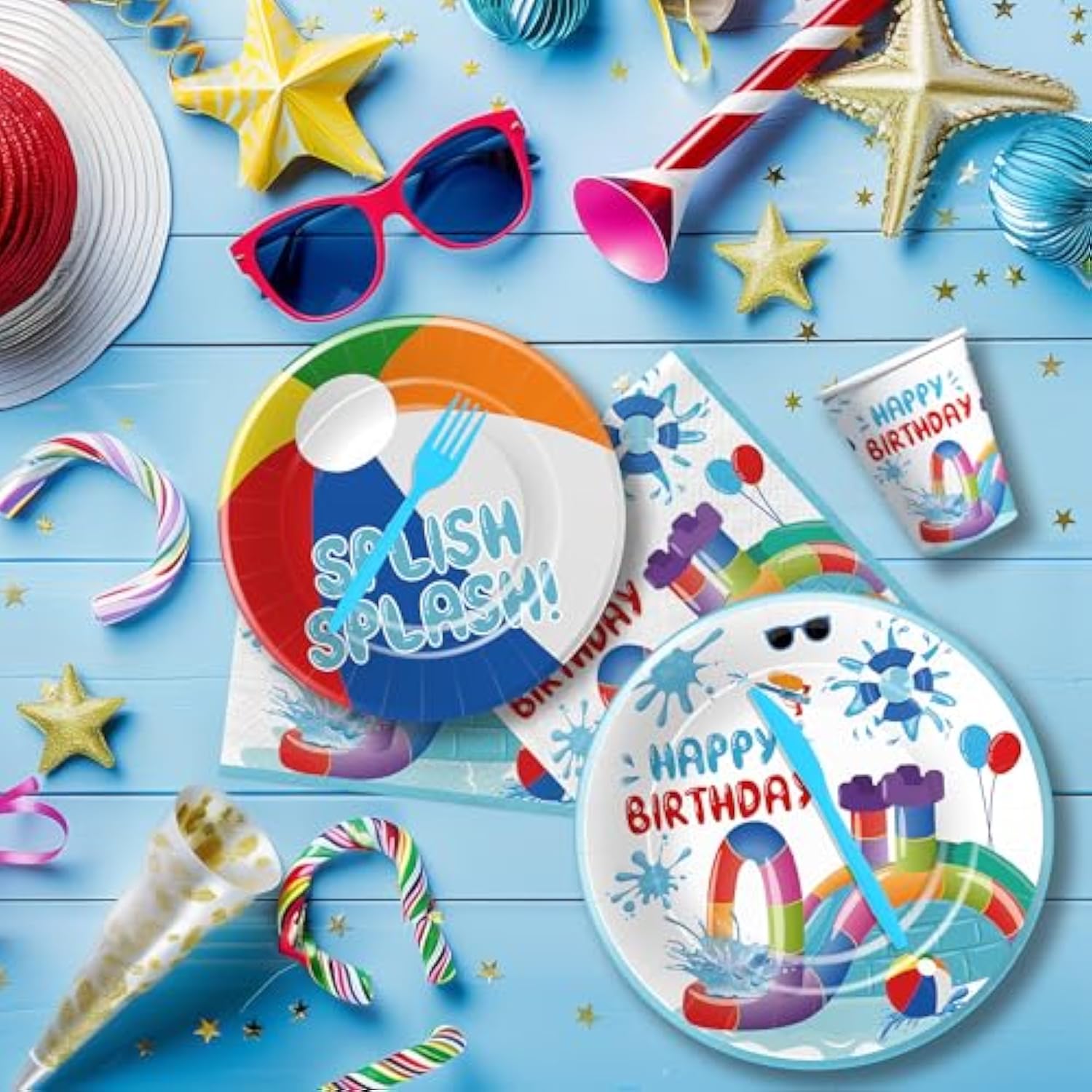 Water slide birthday party set with plates, cups, napkins, and cutlery for 24 guests