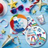 Water slide birthday party set with plates, cups, napkins, and cutlery for 24 guests