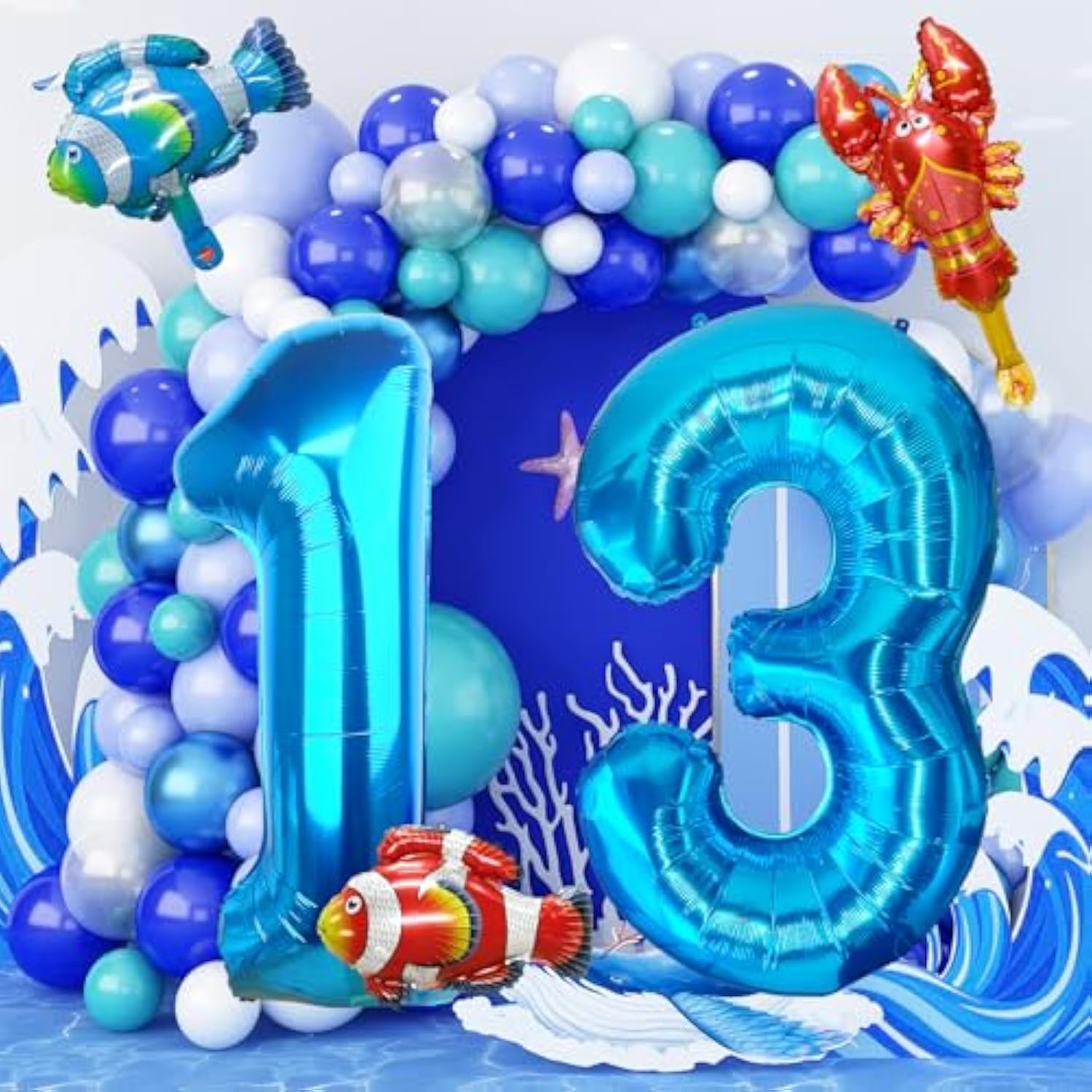 40 Inch Under The Sea Blue Number 1 Balloon, Mini Sea Animal Balloons Ocean Animal Foil Balloon, Fish Crawfish Balloons For Boys Girls Ocean Theme 1St Birthday Baby Shower Party Decoration