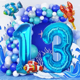 40 Inch Under The Sea Blue Number 1 Balloon, Mini Sea Animal Balloons Ocean Animal Foil Balloon, Fish Crawfish Balloons For Boys Girls Ocean Theme 1St Birthday Baby Shower Party Decoration