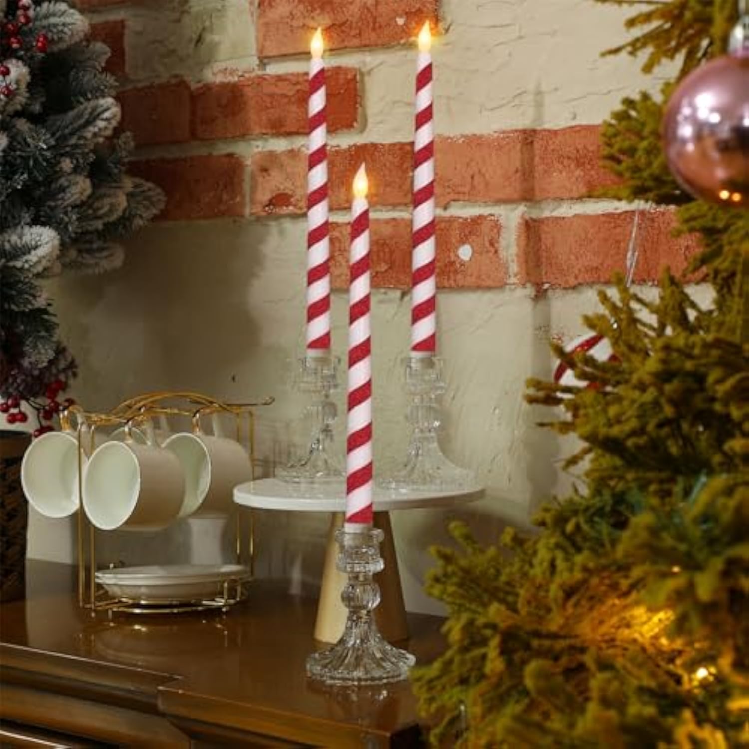 6 Pcs Christmas Flameless Taper Candles 10.6 Inch Glitter Candy Cane Candles Battery Operated Led Christmas Candlesticks For Xmas Centerpiece Holiday Party Decor