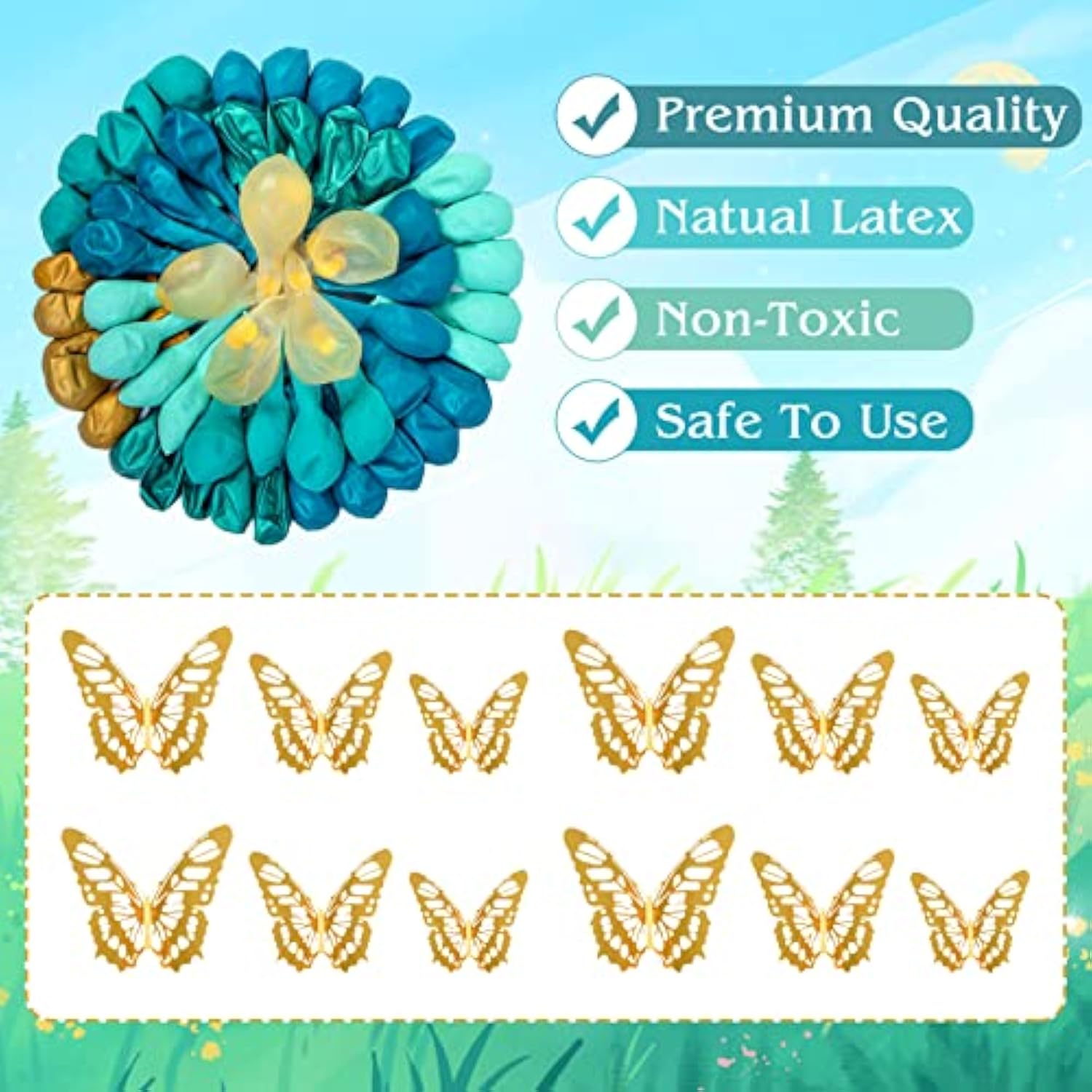 168Pcs Teal Balloons Garland Arch Kit, Double-Stuffed Dark Teal Blue Turquoise Metallic Gold Green Balloons With 12Pcs Butterfly For Birthday Wedding Baby Shower Party Decorations