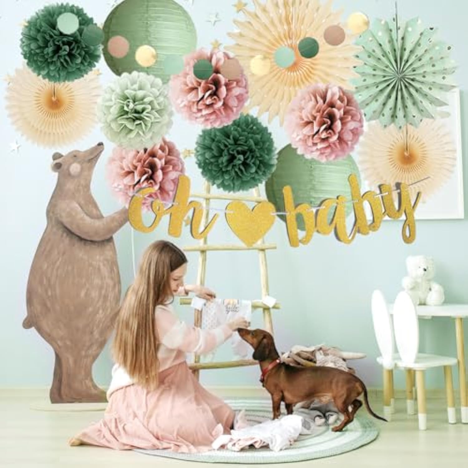 14pcs Dusty Rose Sage Baby Shower Decor with Pom Poms, Lanterns & Banner