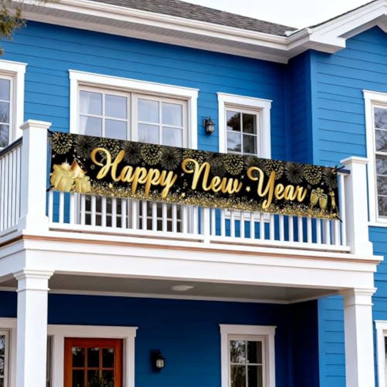 Happy New Year Yard Sign Banner 20x120in Black Gold 2026 Party Decor