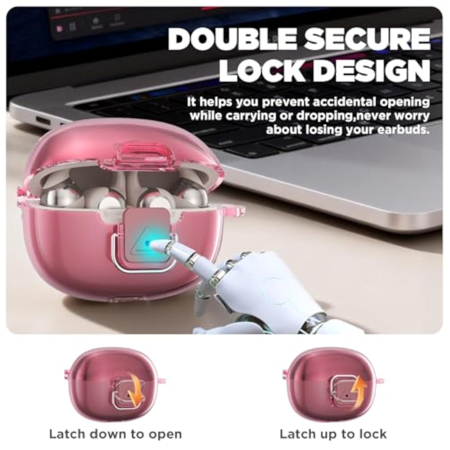 Double Security Lock Case for SHOKZ OpenDots ONE Open-Ear Headphones with Keychain & Cleaning Kit, Shockproof Clear TPU Protective Cover for SHOKZ OpenDots ONE Clip-On Earbuds Charging Case (Clear Pink)