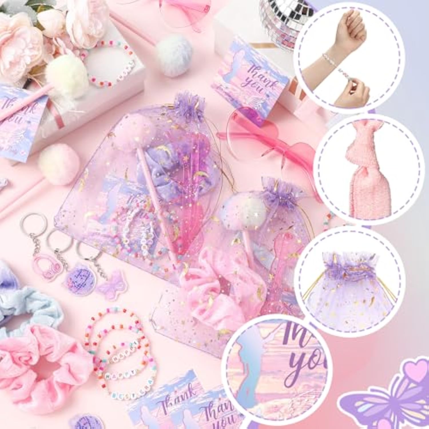 62 Pcs Singer Friendship Party Favors Pink Purple Era Music Birthday Party Supplies Bulk Bracelet Keychain Sunglasses Hair Bands Scrunchie Thank You Gift For Women Fans Bachelorette Goodie Bag